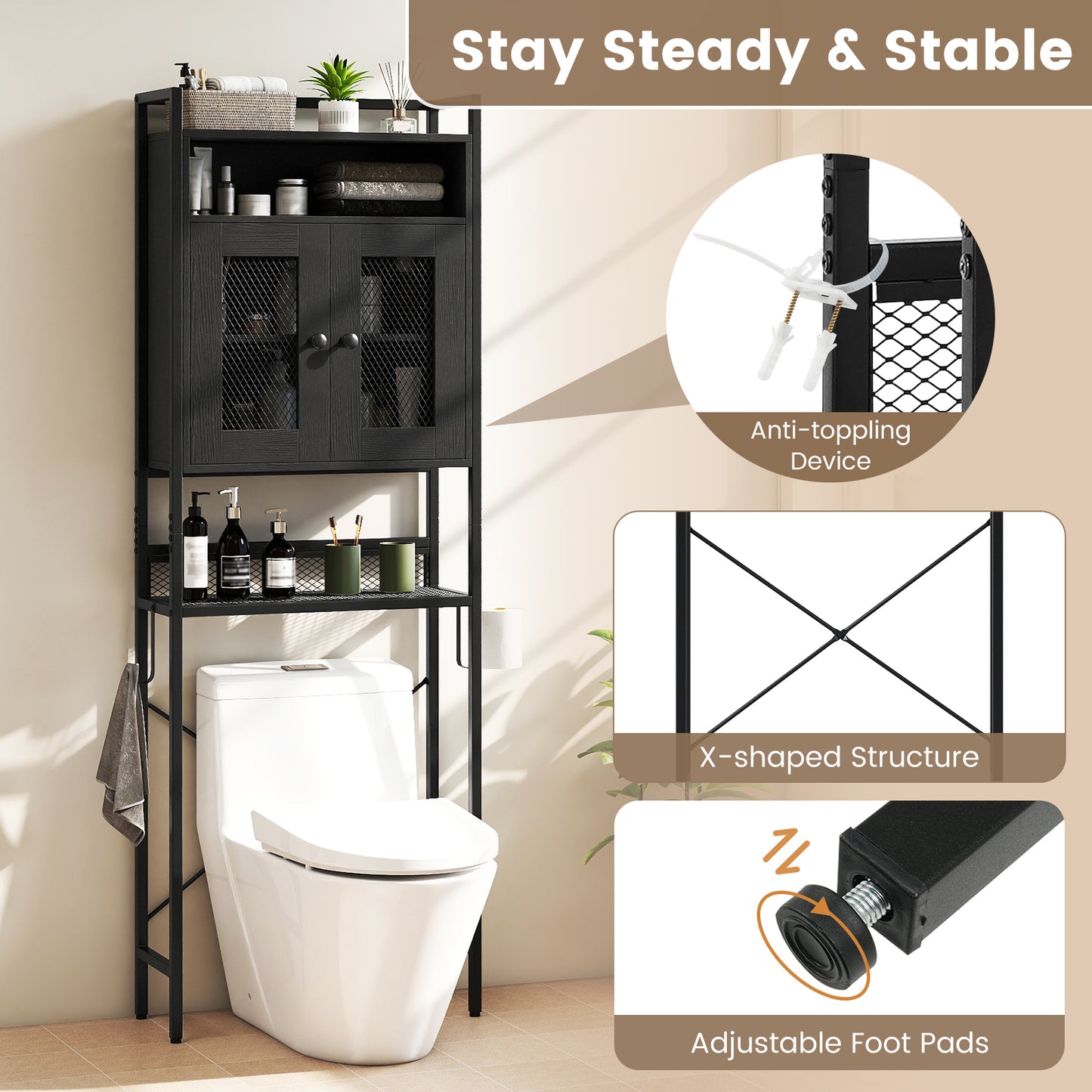Over-The-Toilet Storage Cabinet with Heavy-Duty Metal Frame 2-door Freestanding, Black Bathroom Etagere at Gallery Canada