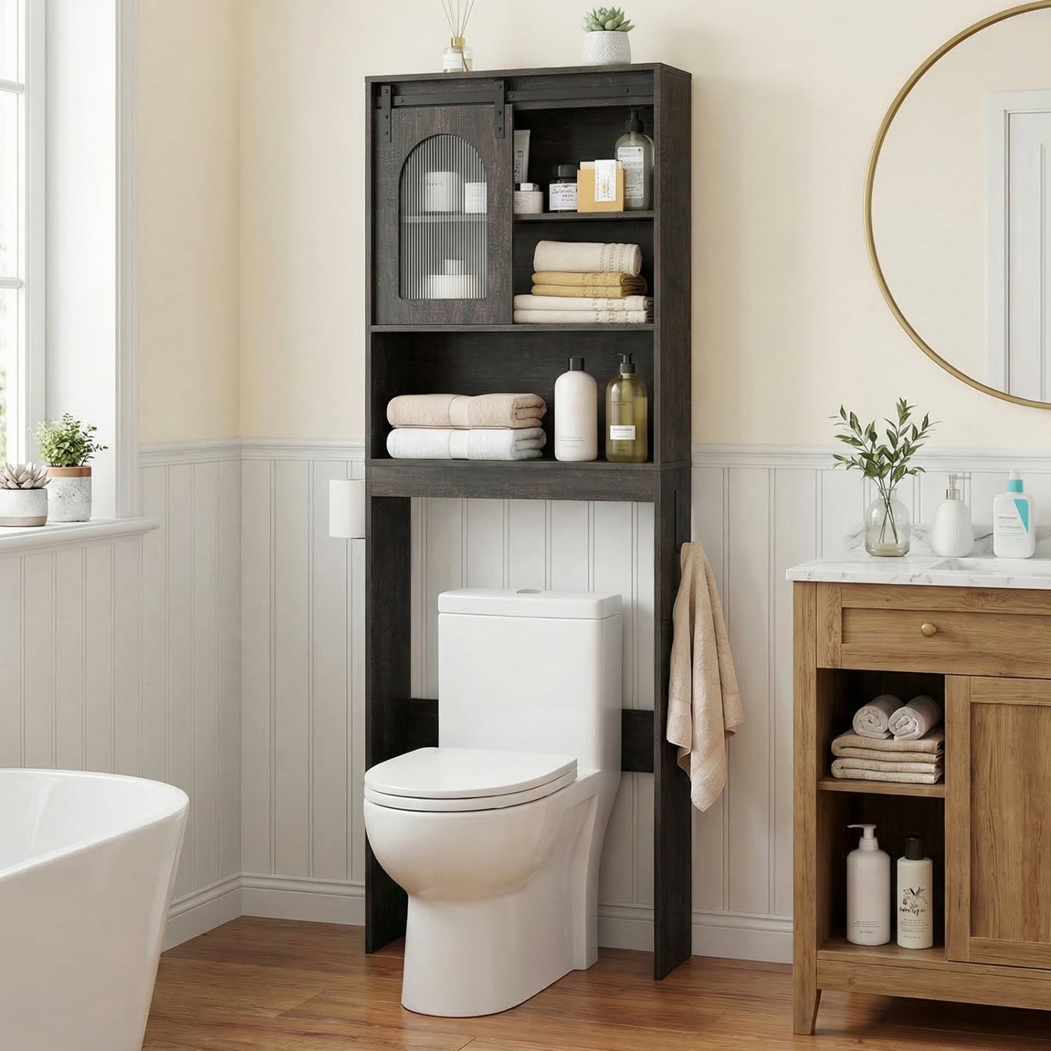 Over Toilet Storage Cabinet With Sliding Barn Door, Open Shelves, Oak Bathroom Etagere at Gallery Canada