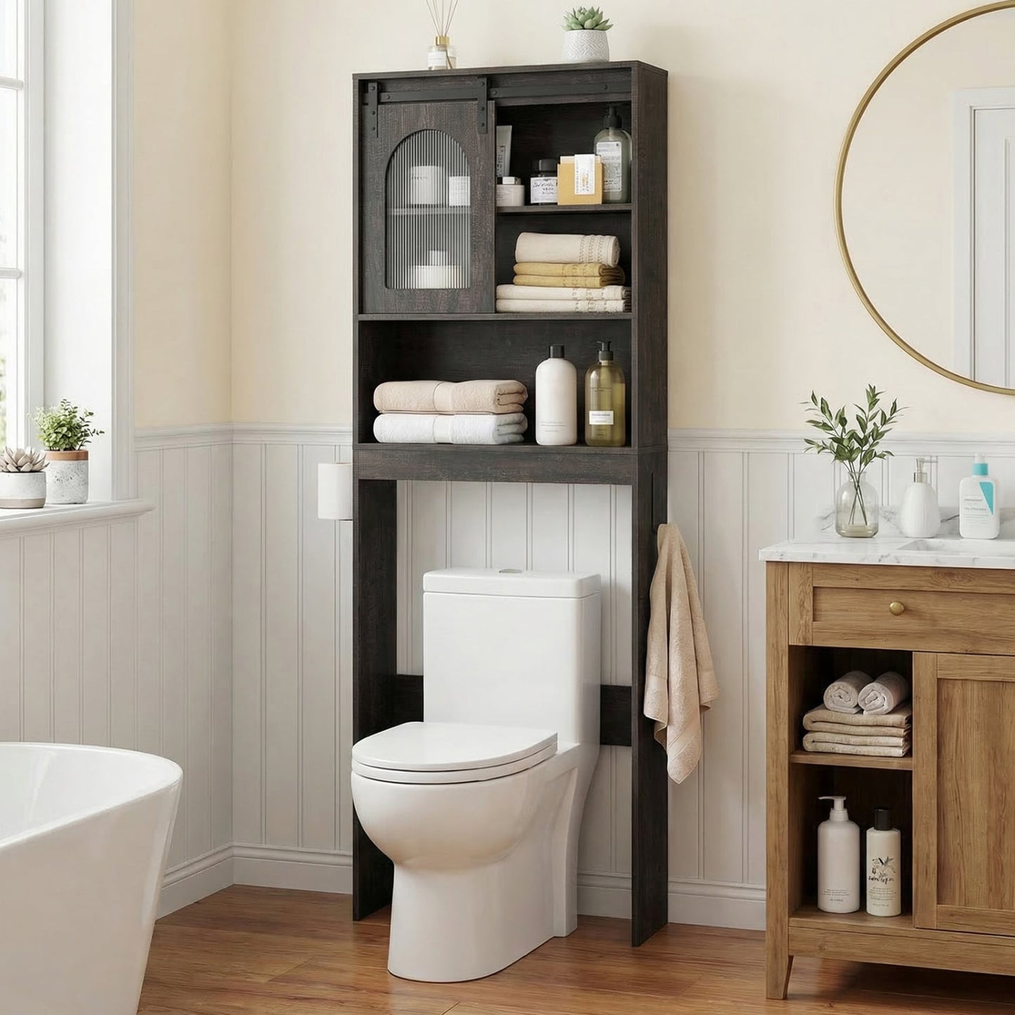 Over Toilet Storage Cabinet With Sliding Barn Door, Open Shelves, Oak Bathroom Etagere at Gallery Canada