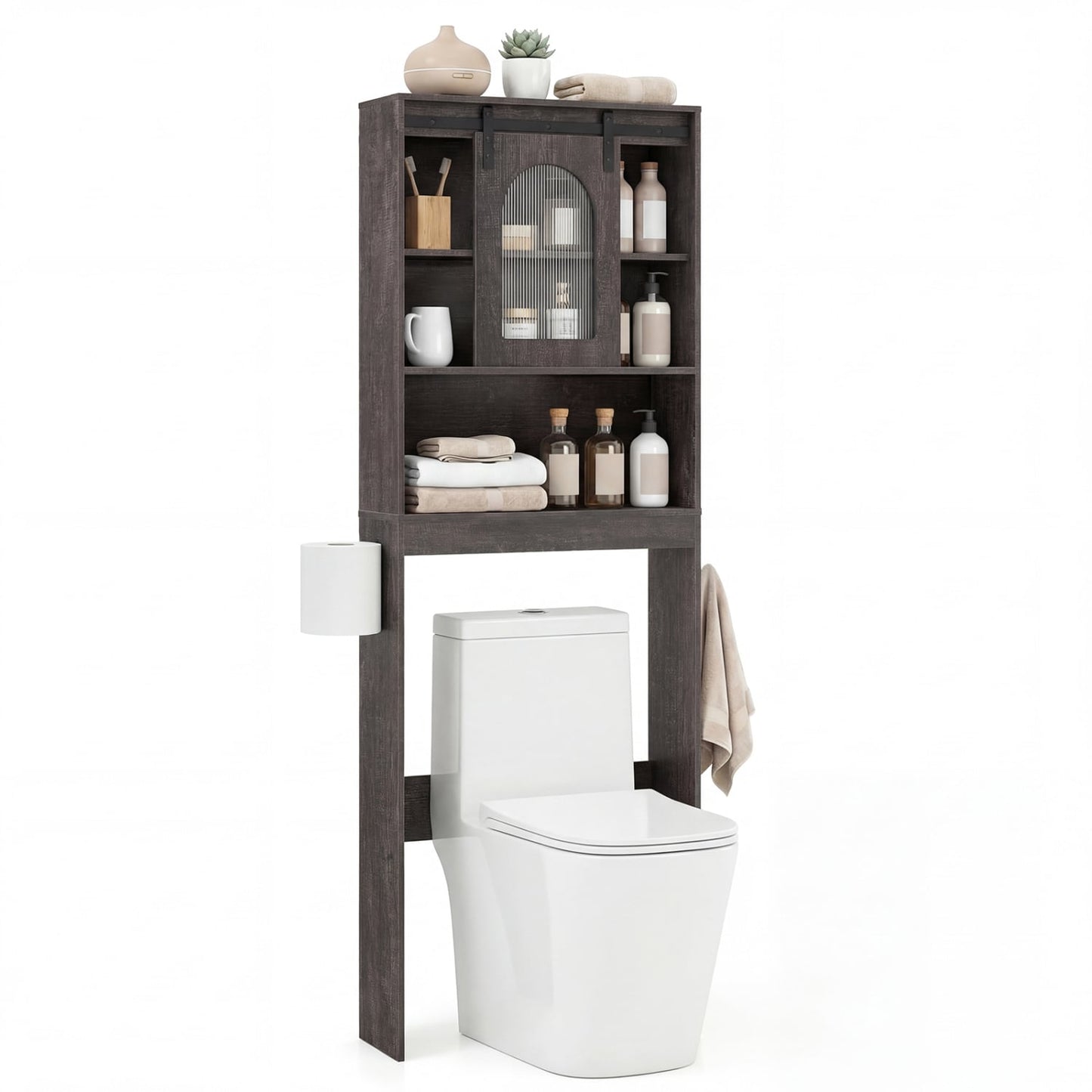 Over Toilet Storage Cabinet With Sliding Barn Door, Open Shelves, Oak Bathroom Etagere at Gallery Canada
