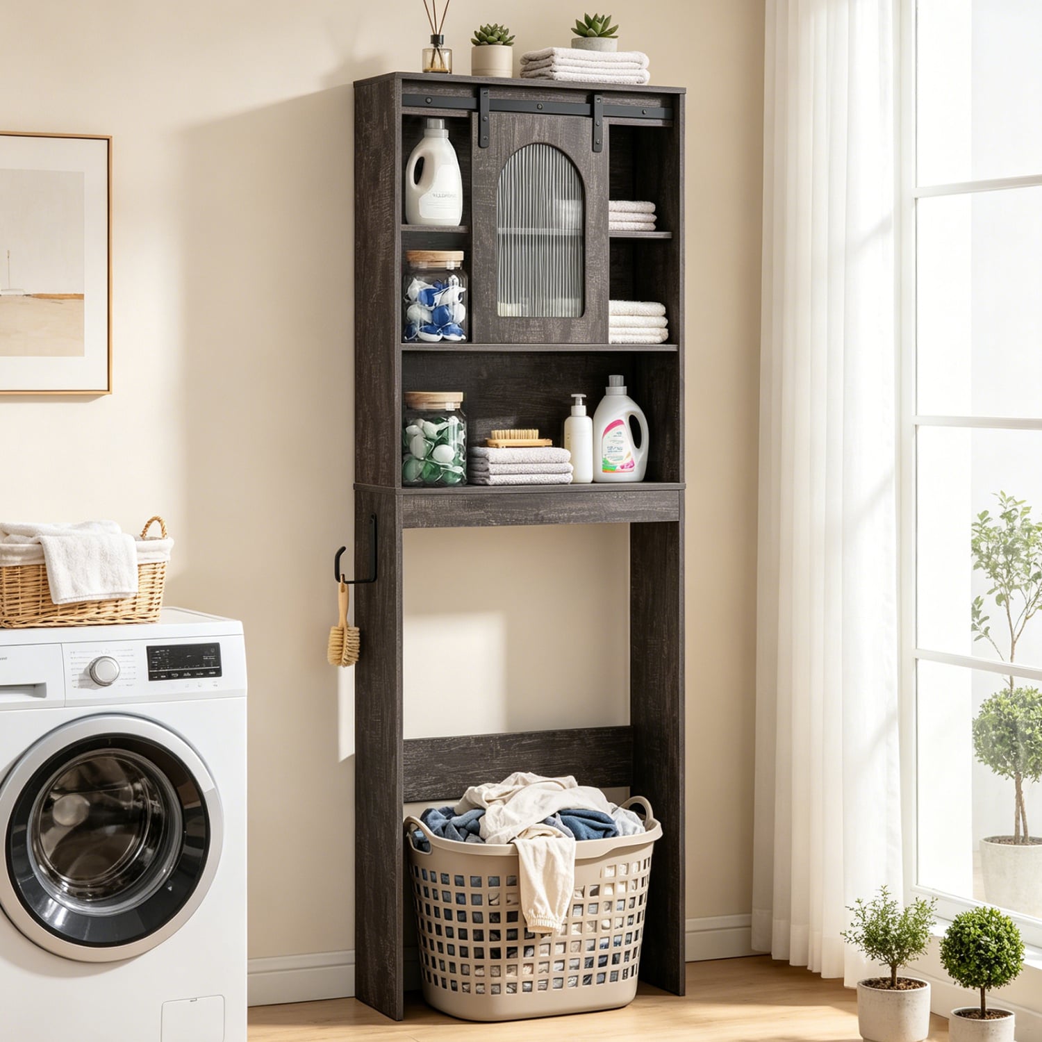 Over Toilet Storage Cabinet With Sliding Barn Door, Open Shelves, Oak Bathroom Etagere at Gallery Canada