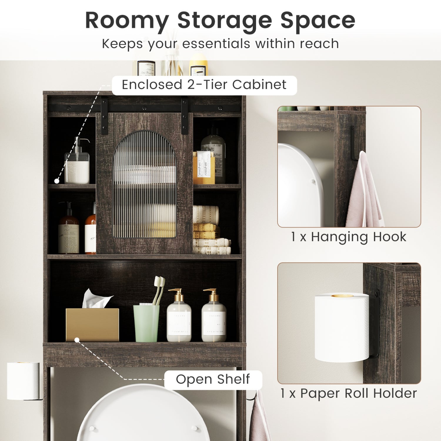 Over Toilet Storage Cabinet With Sliding Barn Door, Open Shelves, Oak Bathroom Etagere at Gallery Canada