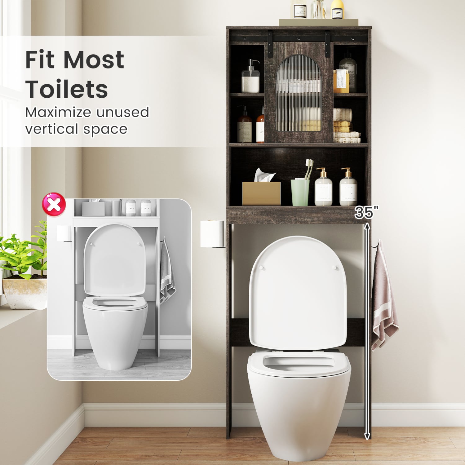 Over Toilet Storage Cabinet With Sliding Barn Door, Open Shelves, Oak Bathroom Etagere at Gallery Canada