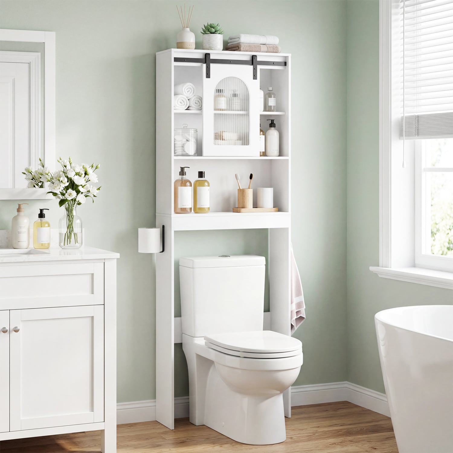 Over Toilet Storage Cabinet, Sliding Barn Door, Open Shelves, White Bathroom Etagere at Gallery Canada