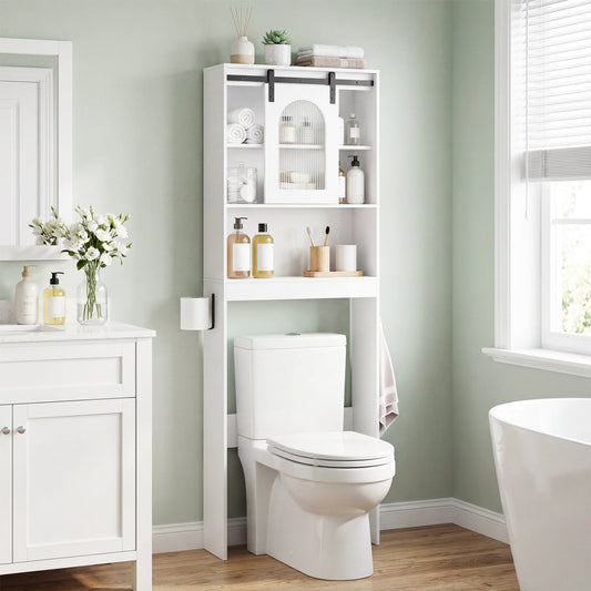 Over Toilet Storage Cabinet, Sliding Barn Door, Open Shelves, White Bathroom Etagere White at Gallery Canada