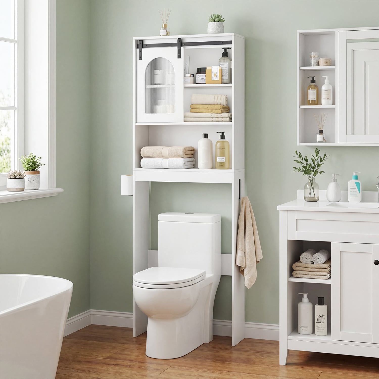 Over Toilet Storage Cabinet, Sliding Barn Door, Open Shelves, White Bathroom Etagere at Gallery Canada