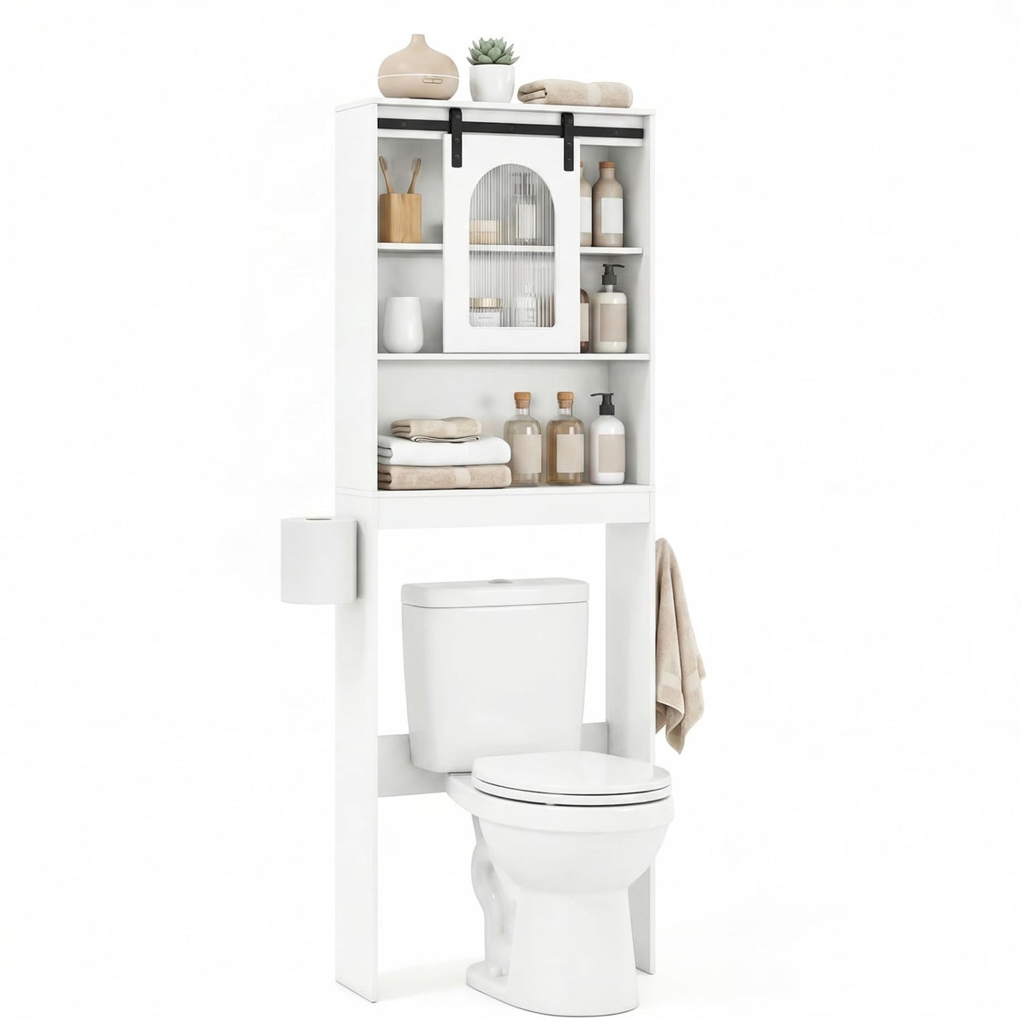 Over Toilet Storage Cabinet, Sliding Barn Door, Open Shelves, White Bathroom Etagere at Gallery Canada