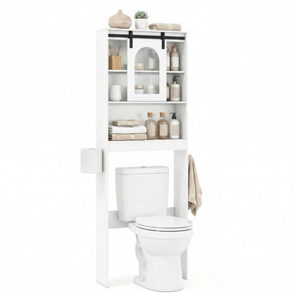 Over Toilet Storage Cabinet, Sliding Barn Door, Open Shelves, White Bathroom Etagere at Gallery Canada