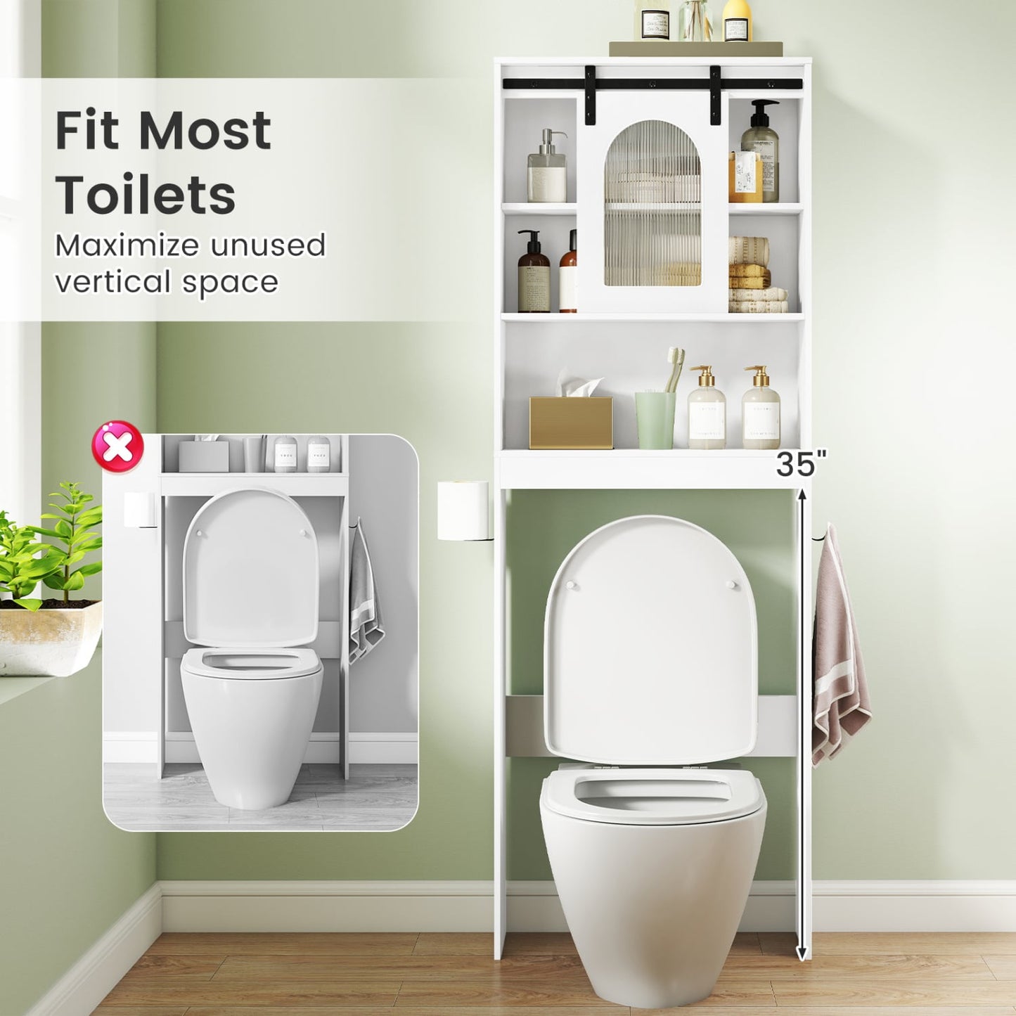 Over Toilet Storage Cabinet, Sliding Barn Door, Open Shelves, White Bathroom Etagere at Gallery Canada