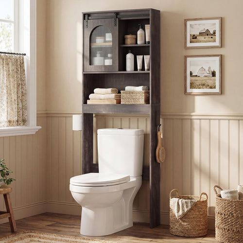 Over Toilet Storage Cabinet With Sliding Barn Door, Open Shelves, Oak