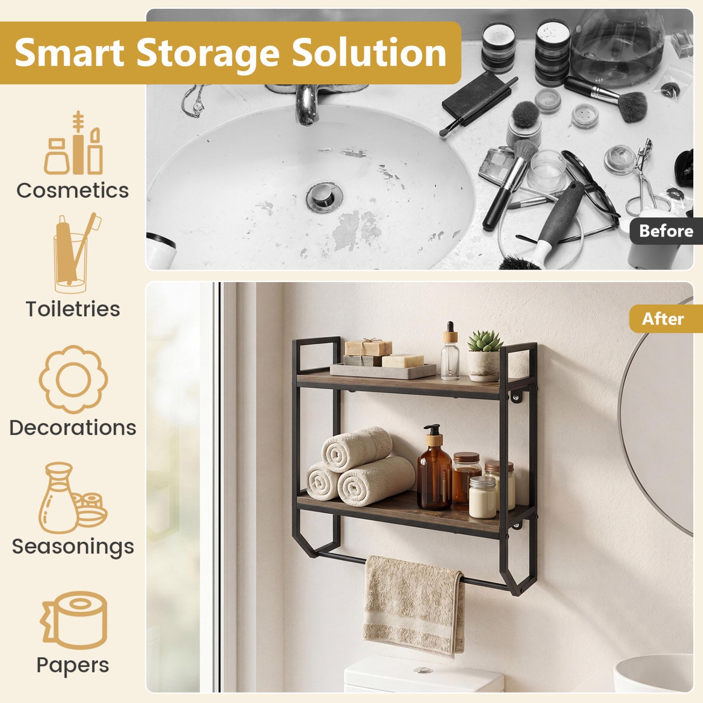 Over The Toilet Shelf Wall Mounted, Metal Frame, Gray