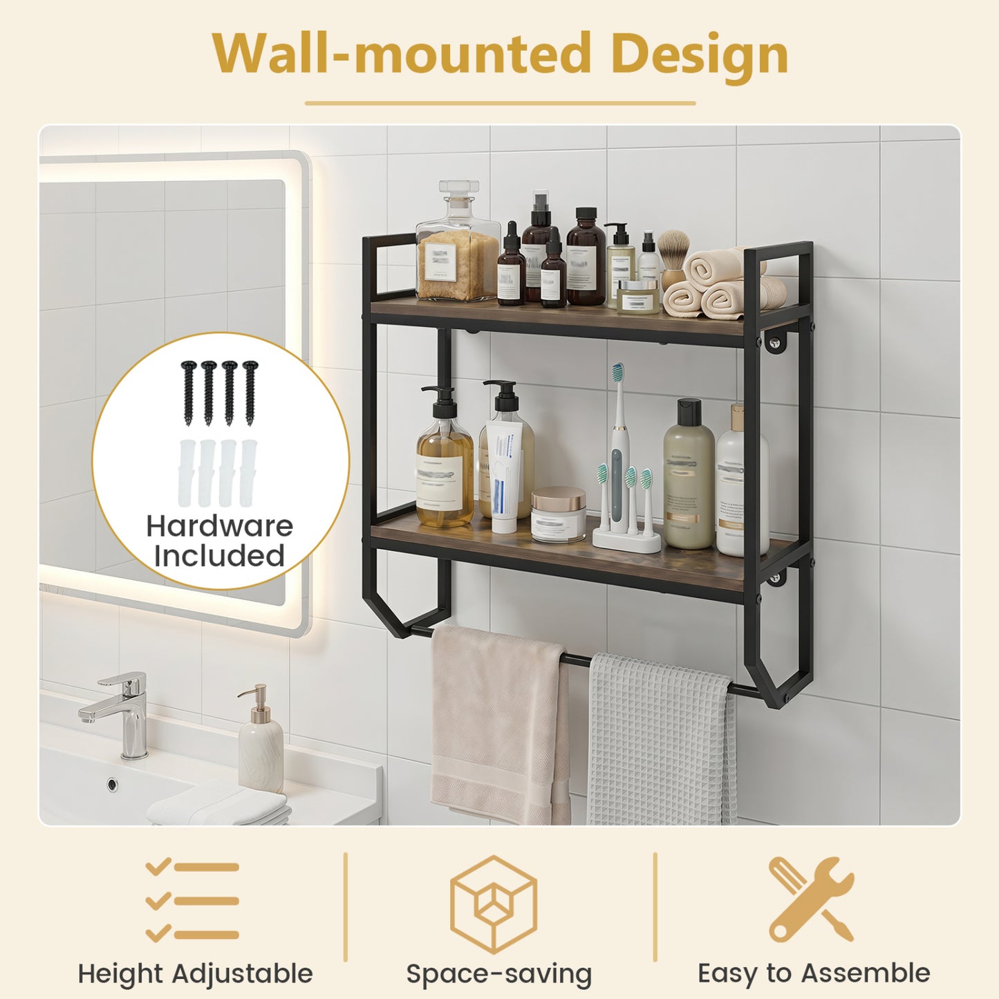 Over The Toilet Shelf Wall Mounted, Metal Frame, Gray