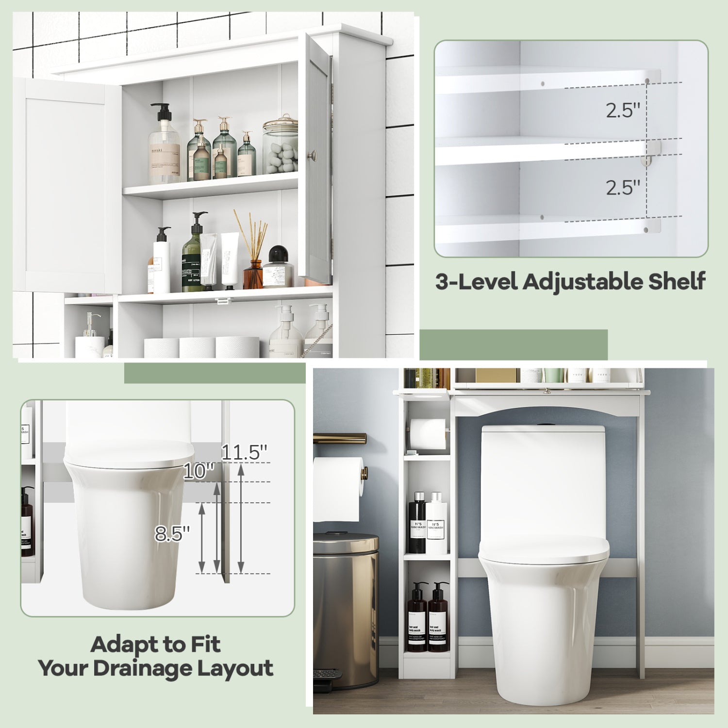 Over The Toilet Storage Cabinet, Adjustable Shelf, White Bathroom Etagere at Gallery Canada