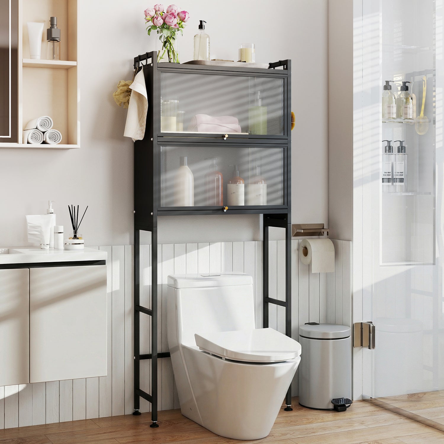 Over-the-toilet Cabinet Bathroom Organizer with 2 Flip-up Cabinets, Black Bathroom Etagere at Gallery Canada