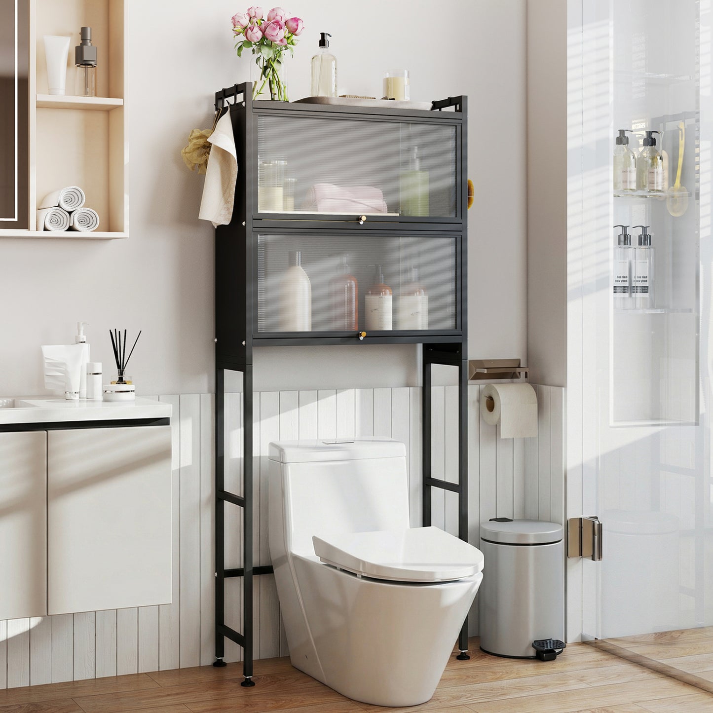 Over-the-toilet Cabinet Bathroom Organizer with 2 Flip-up Cabinets, Black Bathroom Etagere at Gallery Canada