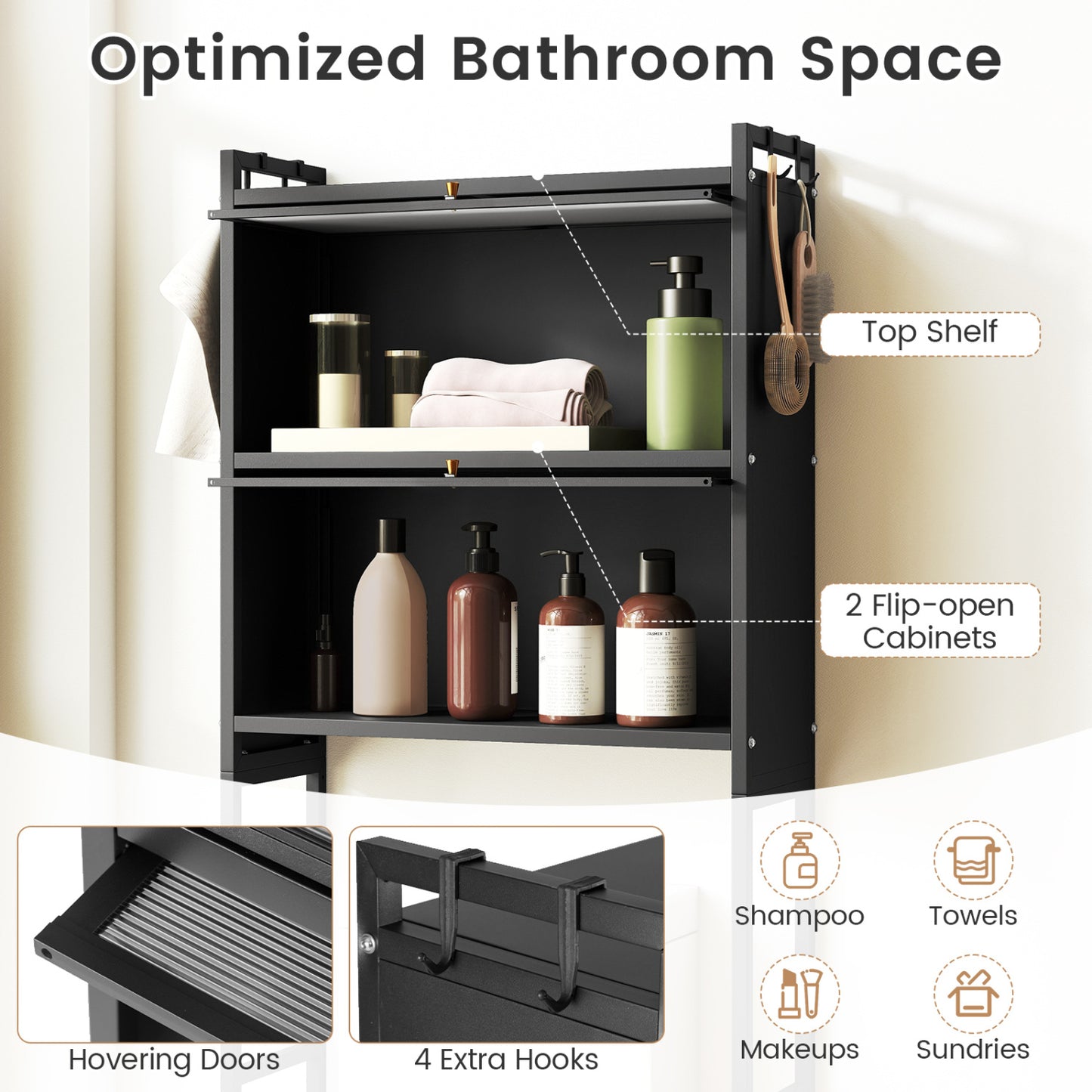 Over-the-toilet Cabinet Bathroom Organizer with 2 Flip-up Cabinets, Black Bathroom Etagere at Gallery Canada