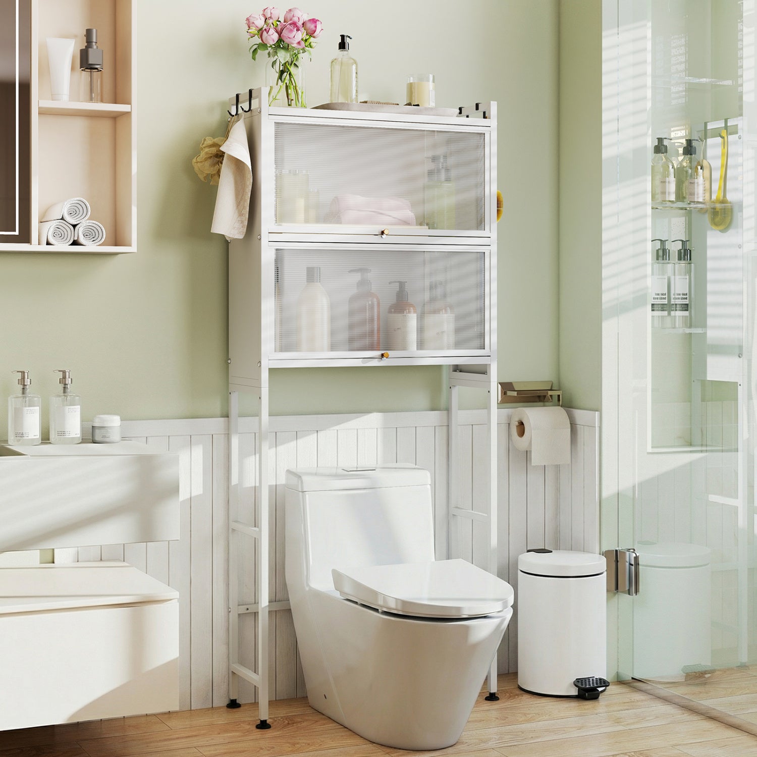 Over-the-toilet Cabinet Bathroom Organizer with 2 Flip-up Cabinets, White Bathroom Etagere at Gallery Canada
