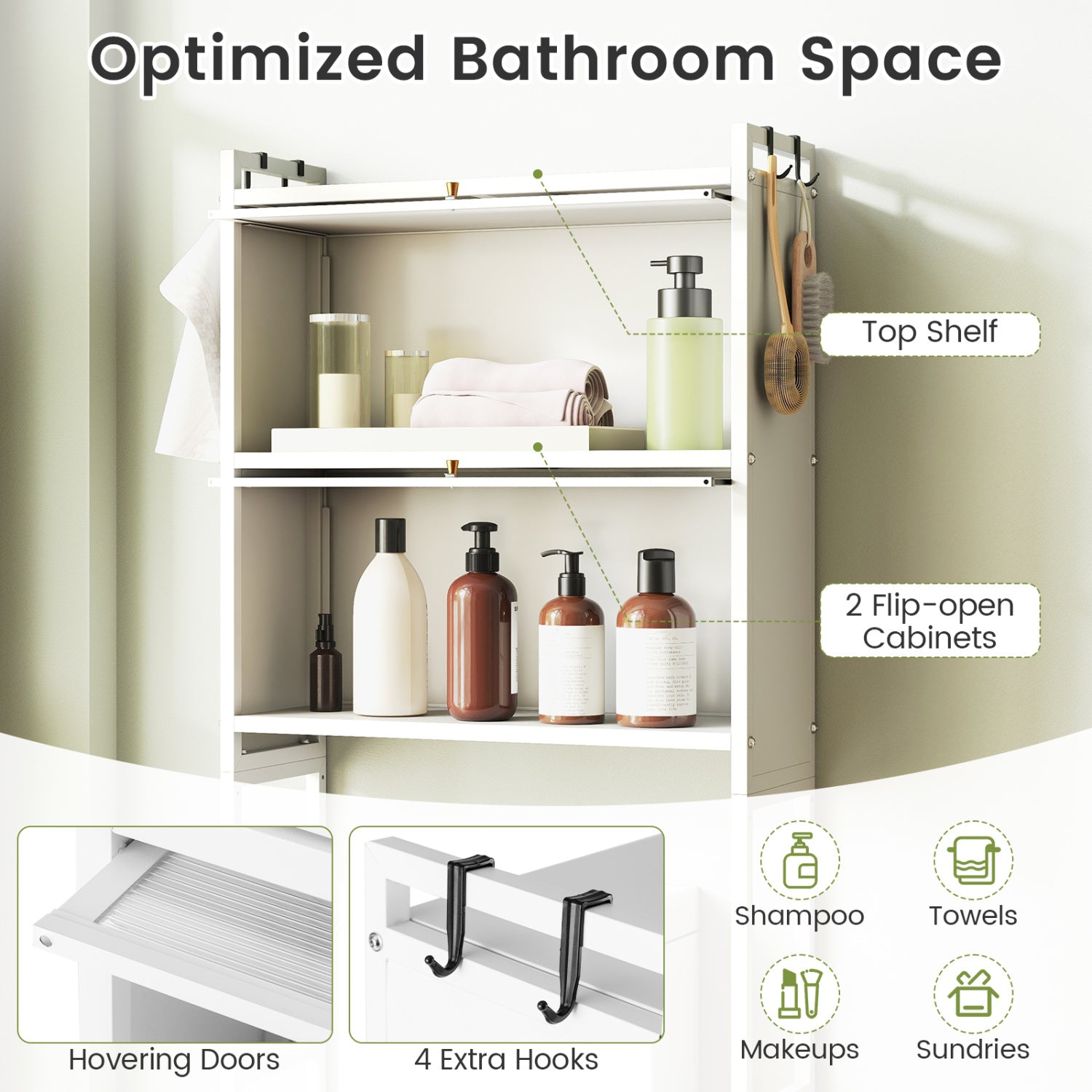 Over-the-toilet Cabinet Bathroom Organizer with 2 Flip-up Cabinets, White Bathroom Etagere at Gallery Canada