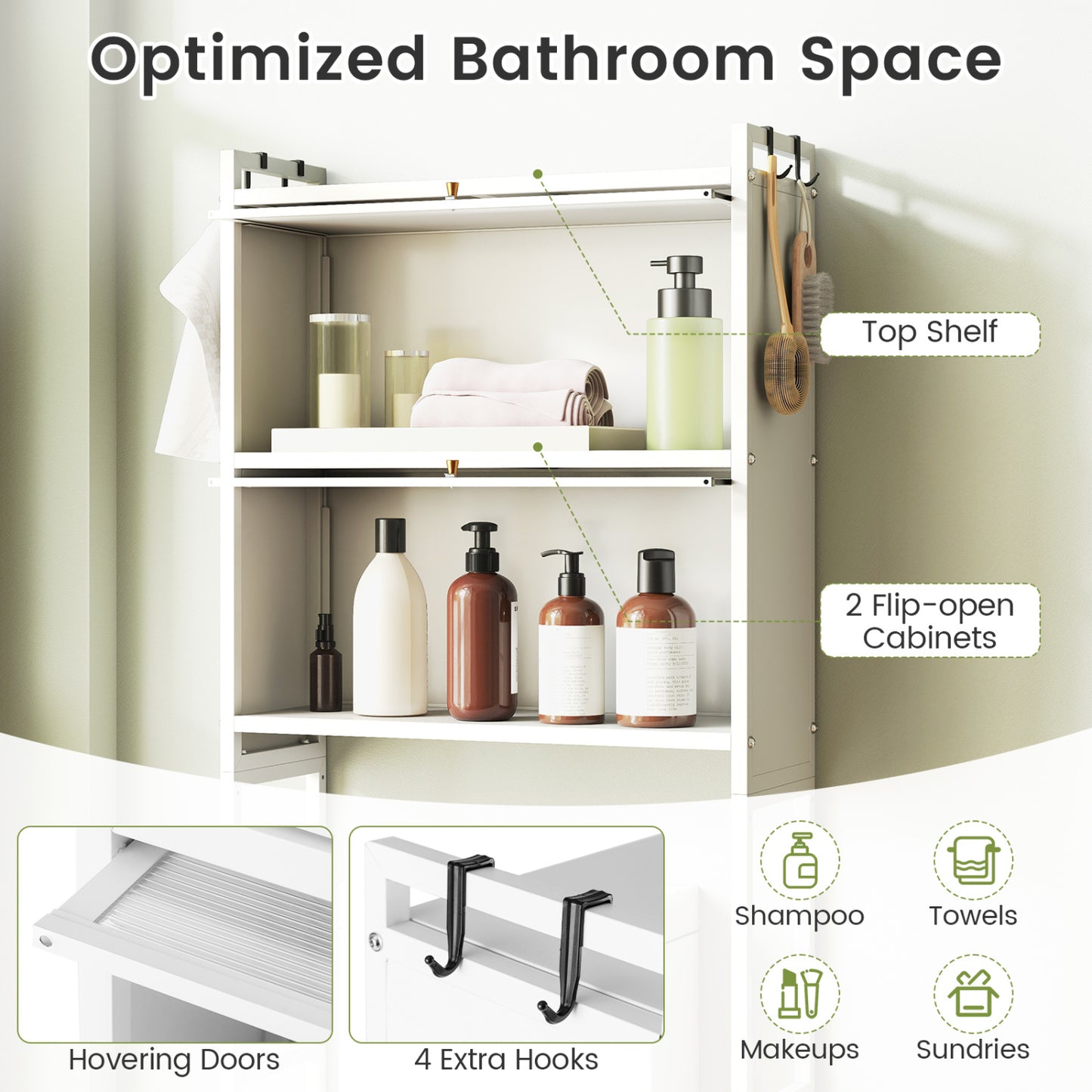 Over-the-toilet Cabinet Bathroom Organizer with 2 Flip-up Cabinets, White Bathroom Etagere at Gallery Canada