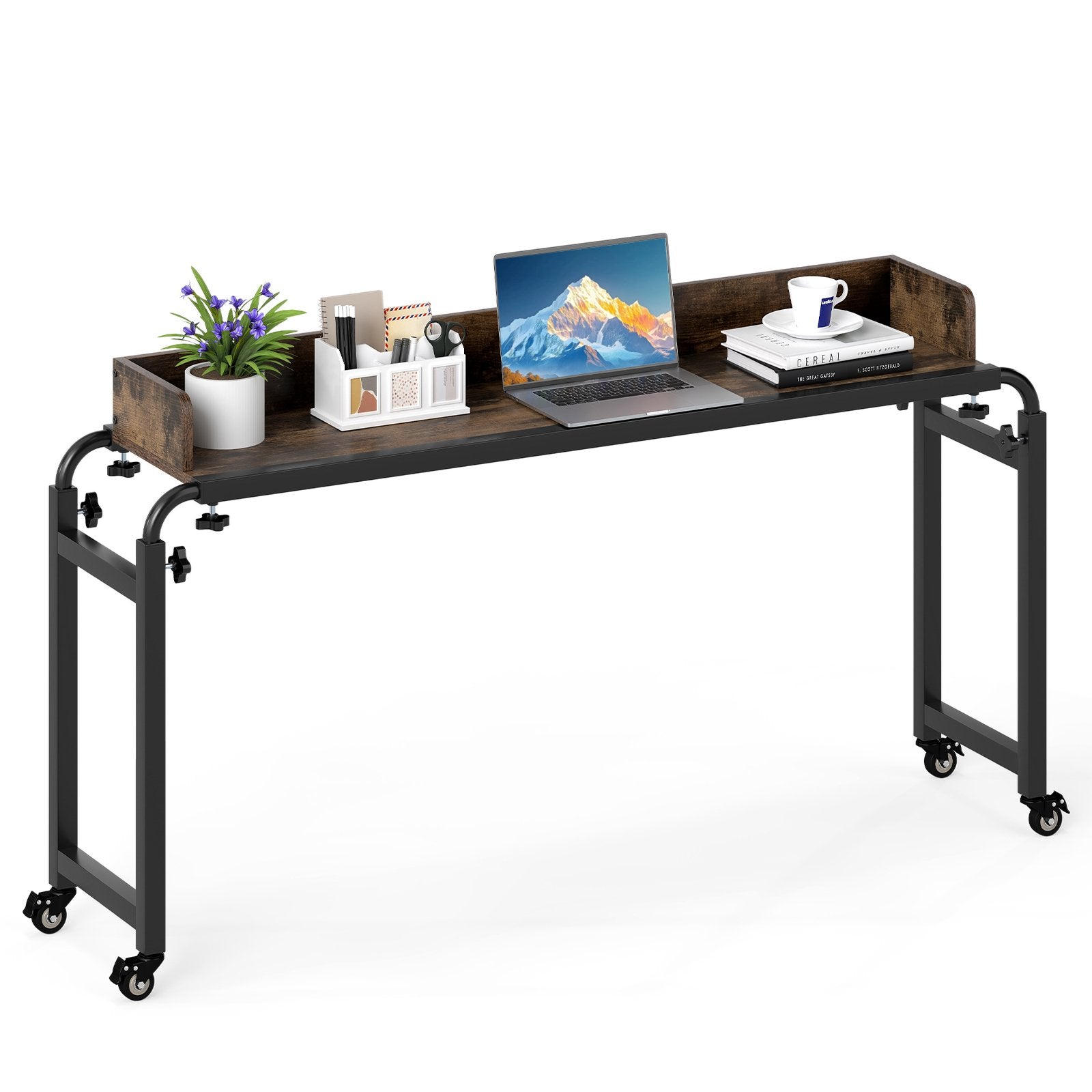 Overbed Desk with Wheels Queen Size Mobile Bed Desk with Adjustable Height, Brown Bedroom at Gallery Canada