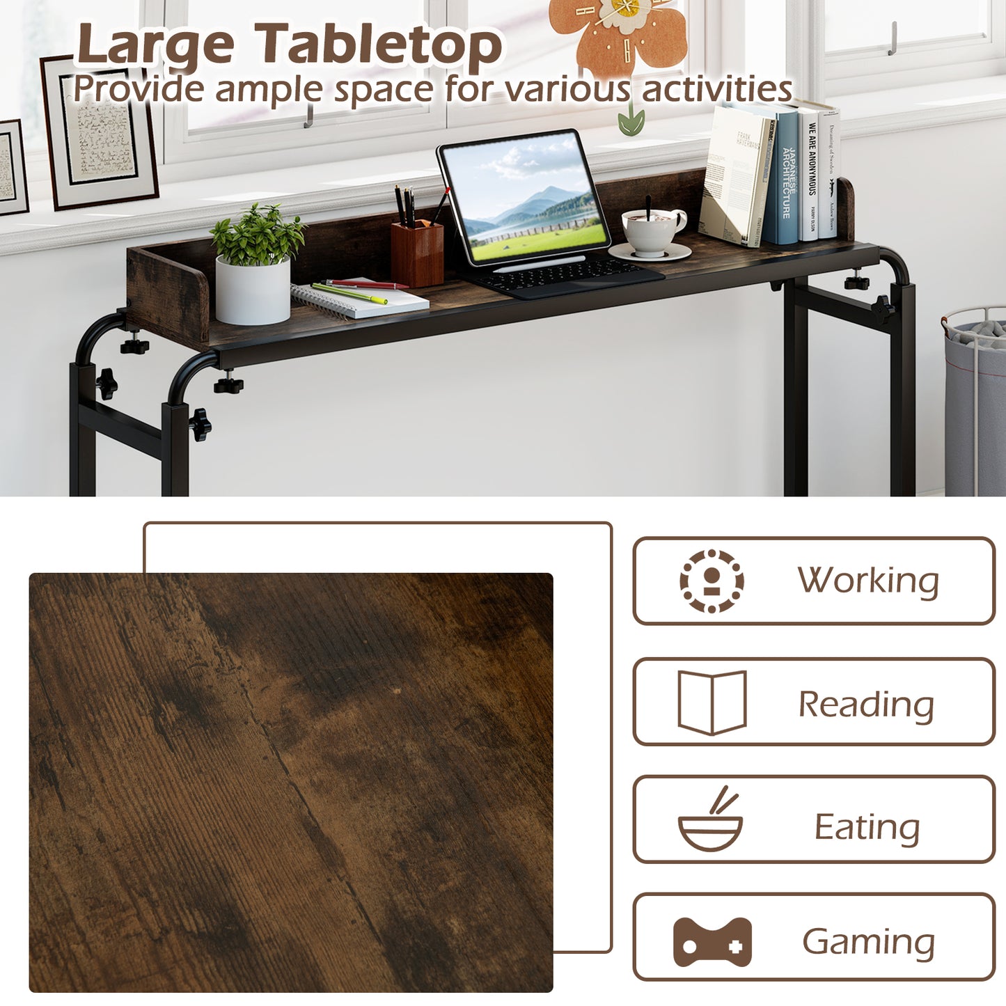 Overbed Desk with Wheels Queen Size Mobile Bed Desk with Adjustable Height, Brown Bedroom at Gallery Canada