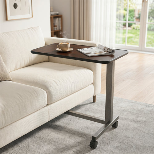 Overbed Table with Locking Wheels, H-Shaped Base, Walnut