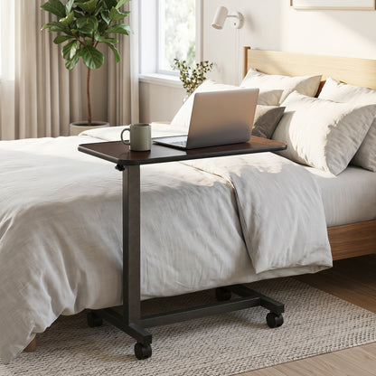 Overbed Table with Locking Wheels, H-Shaped Base, Walnut