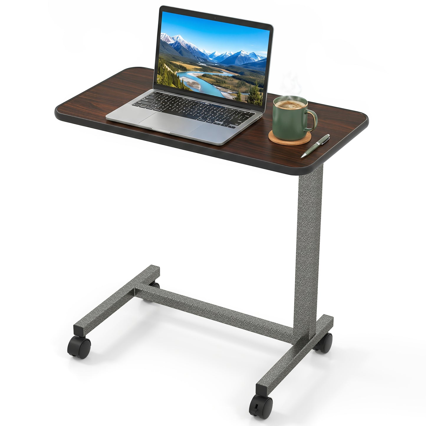 Overbed Table with Locking Wheels, H-Shaped Base, Walnut