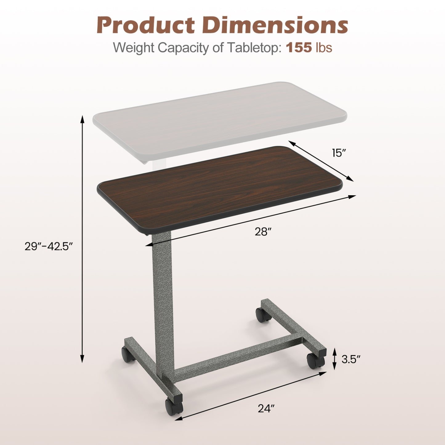 Overbed Table with Locking Wheels, H-Shaped Base, Walnut