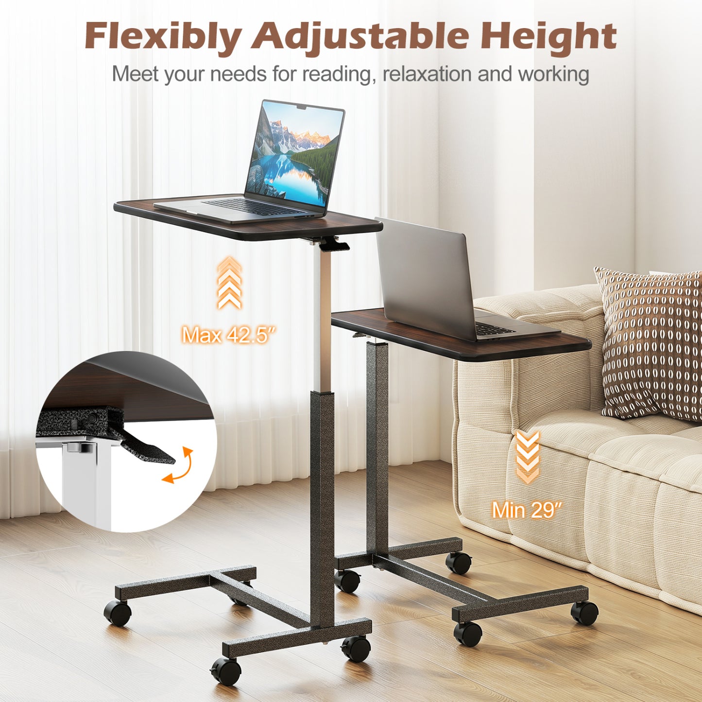 Overbed Table with Locking Wheels, H-Shaped Base, Walnut