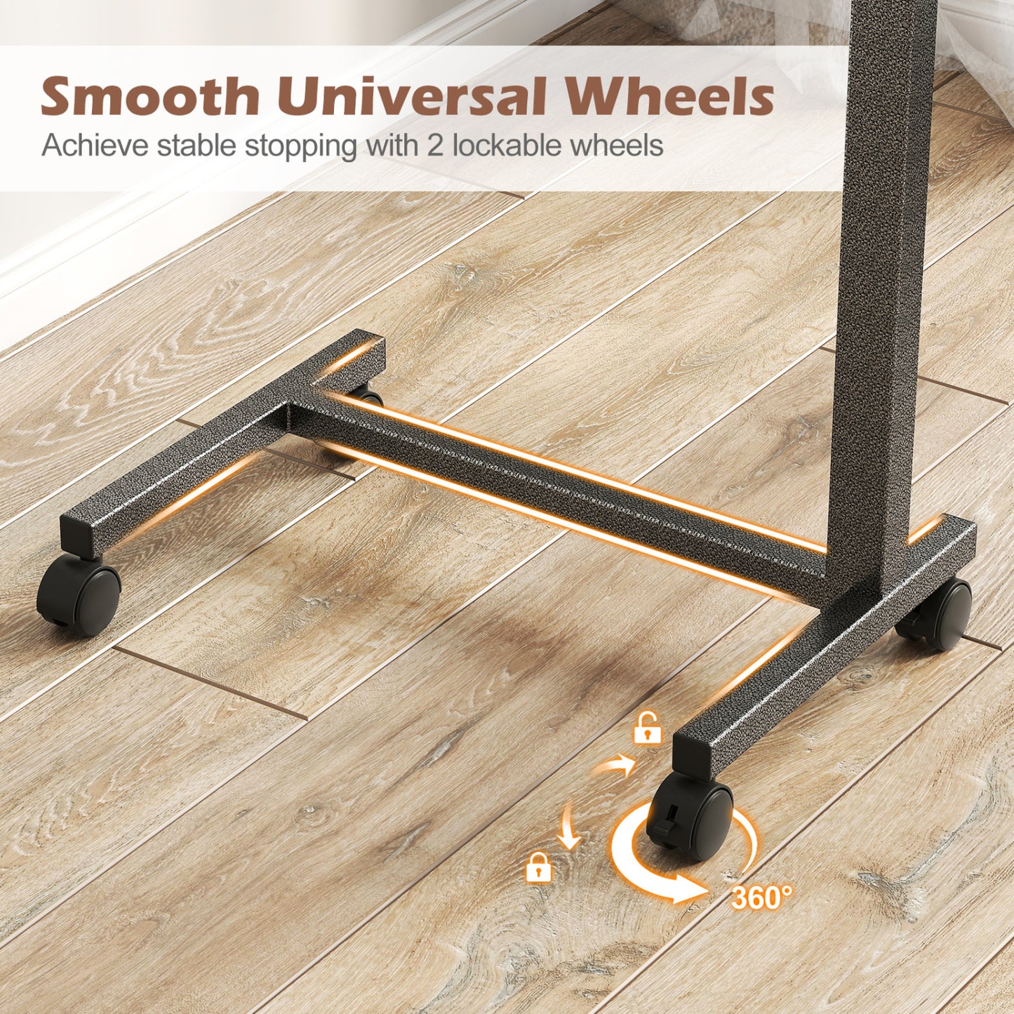 Overbed Table with Locking Wheels, H-Shaped Base, Walnut