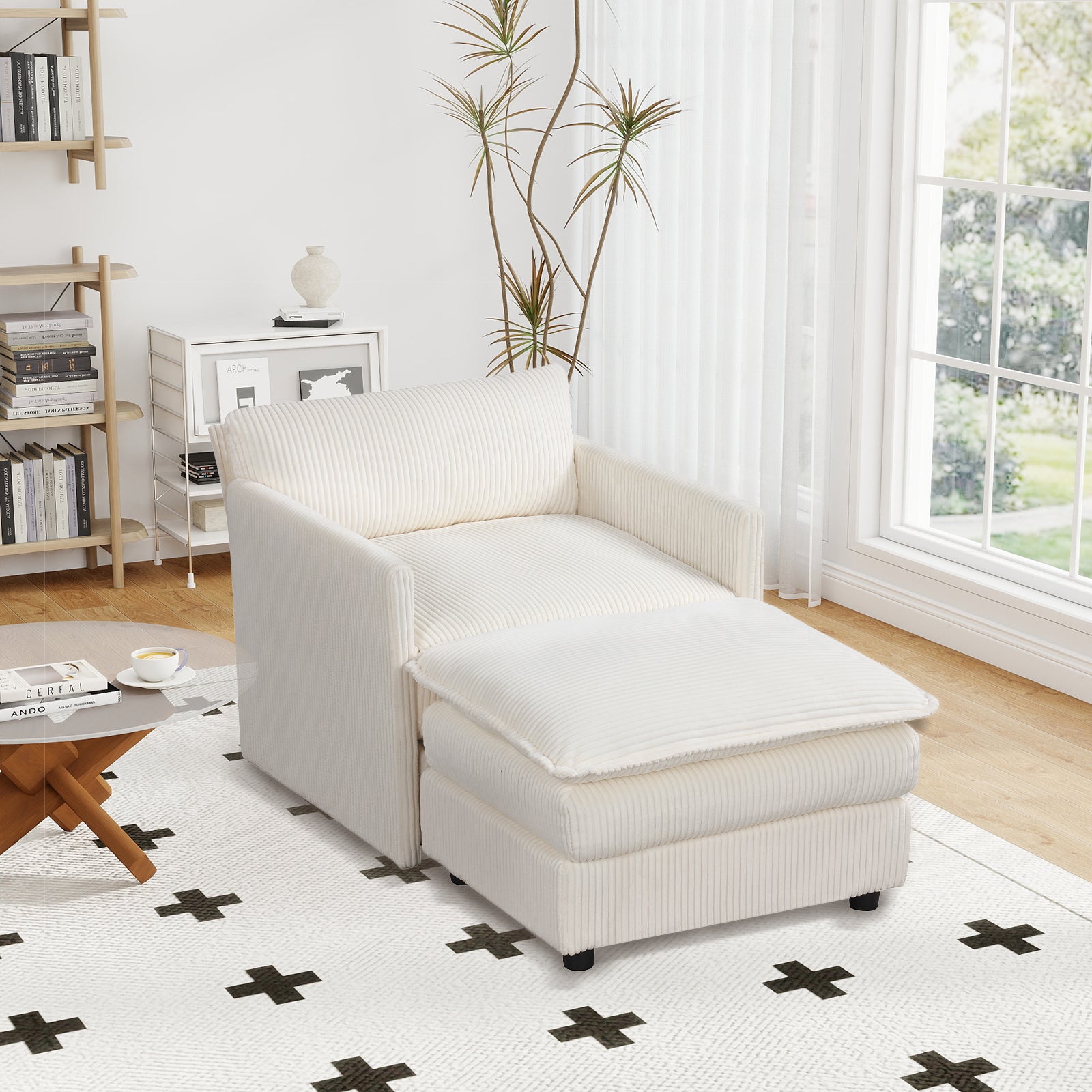 Oversized Accent Chair With Ottoman, Soft Corduroy Cushions, Beige Accent Chairs at Gallery Canada
