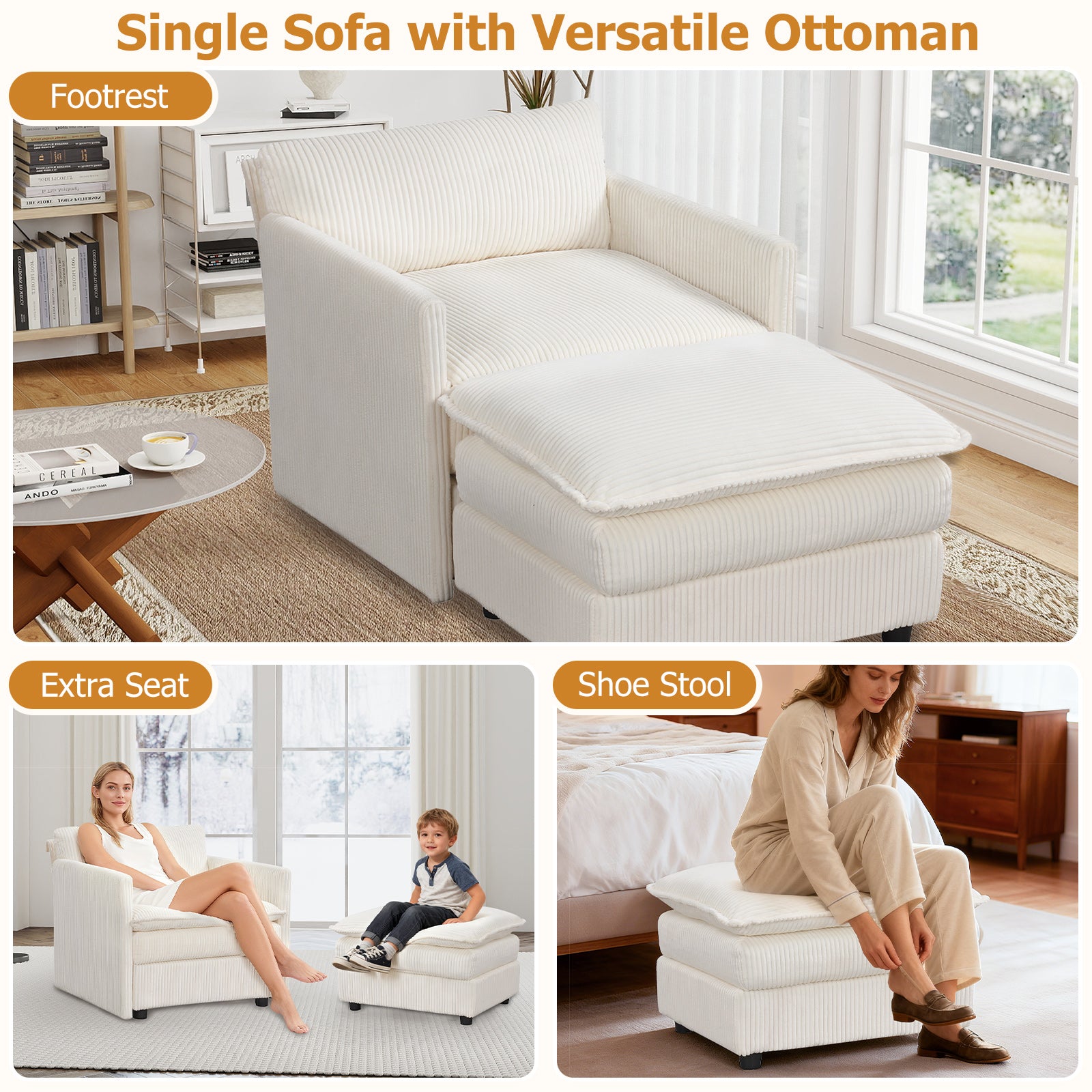 Oversized Accent Chair With Ottoman, Soft Corduroy Cushions, Beige Accent Chairs at Gallery Canada