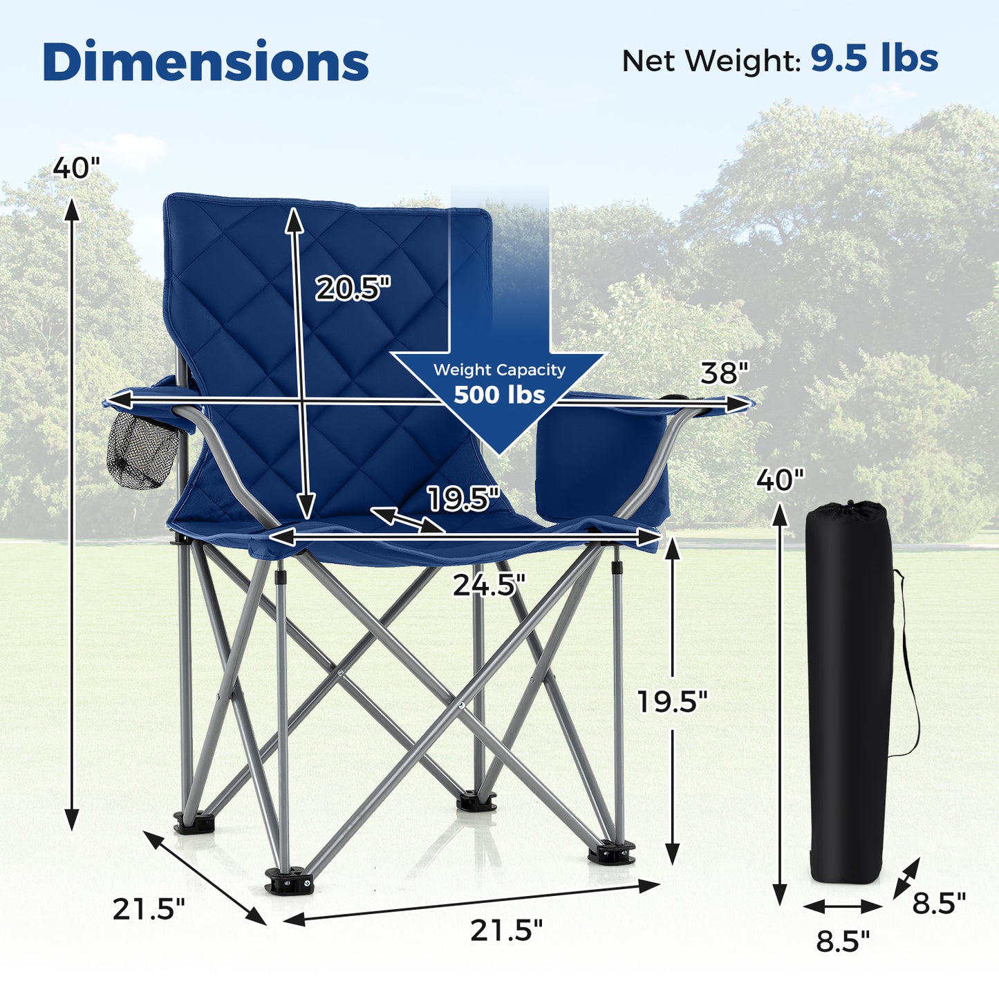 Oversized Camping Chairs Outdoor Folding Chair with Cooler Pouch and Cup Holder, Navy Camping Furniture at Gallery Canada
