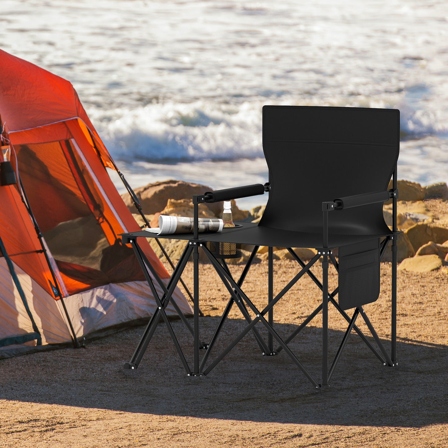 Oversized Camping Chair with Side Table and 2 Storage Pockets, Black Camping Furniture at Gallery Canada