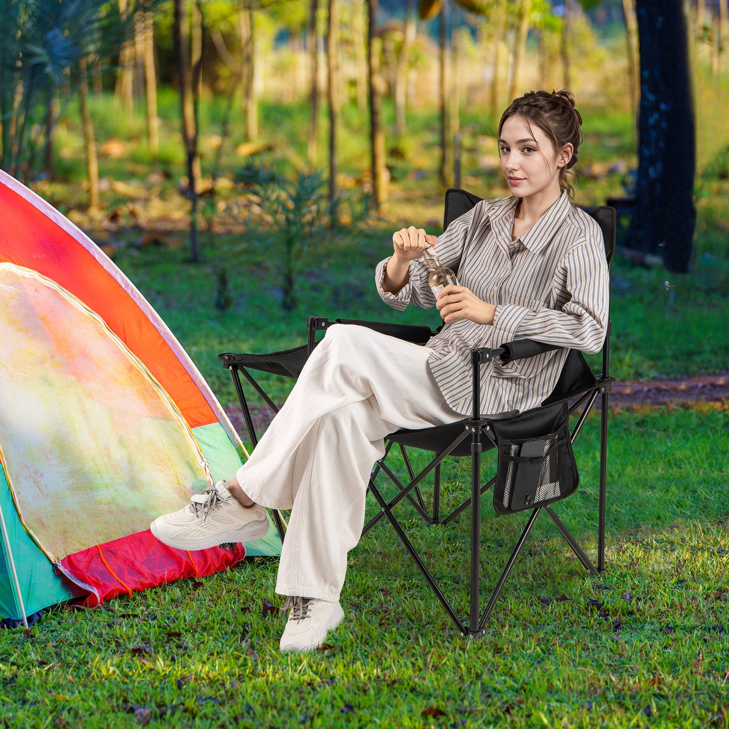 Oversized Camping Chair with Side Table and 2 Storage Pockets, Black Camping Furniture at Gallery Canada