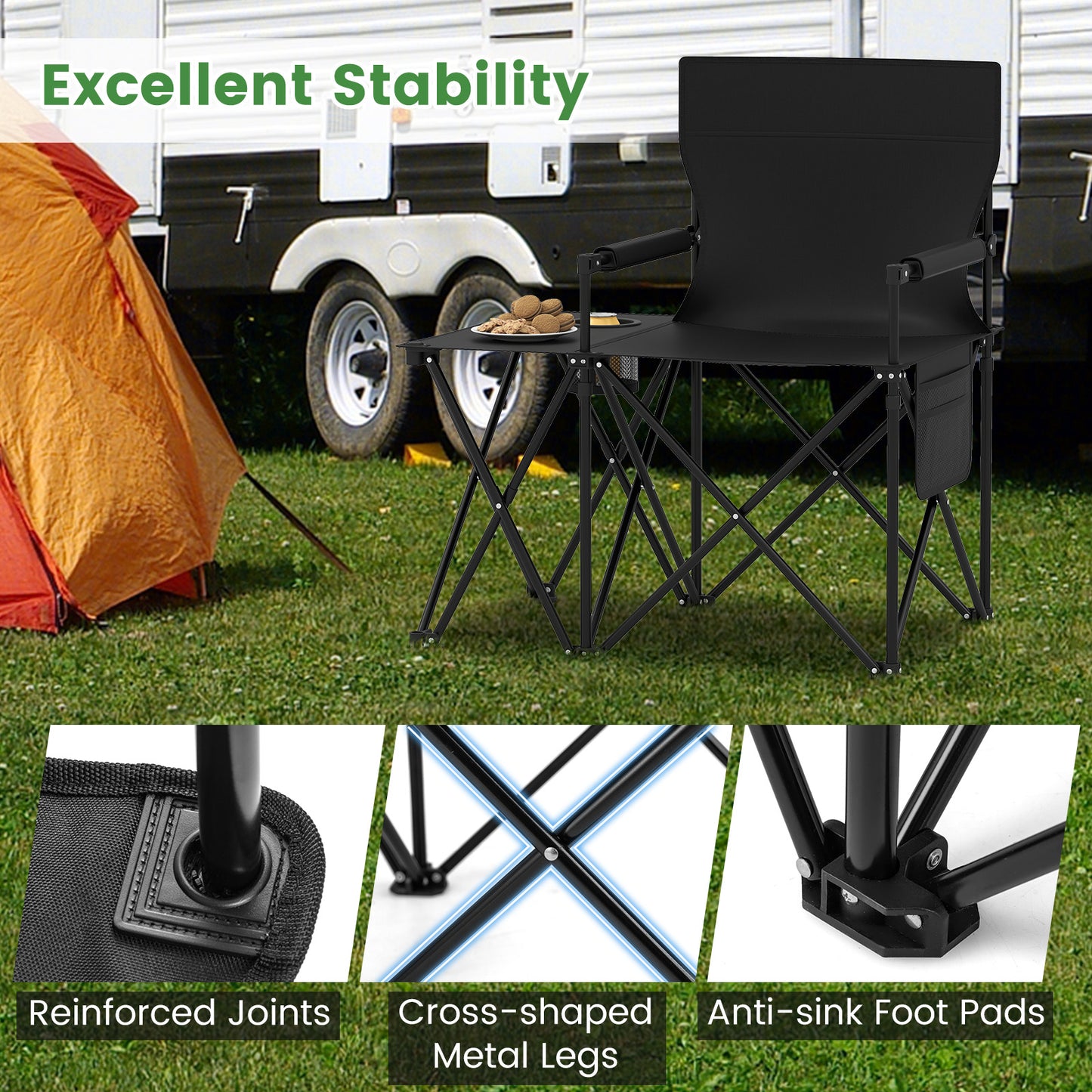 Oversized Camping Chair with Side Table and 2 Storage Pockets, Black Camping Furniture at Gallery Canada