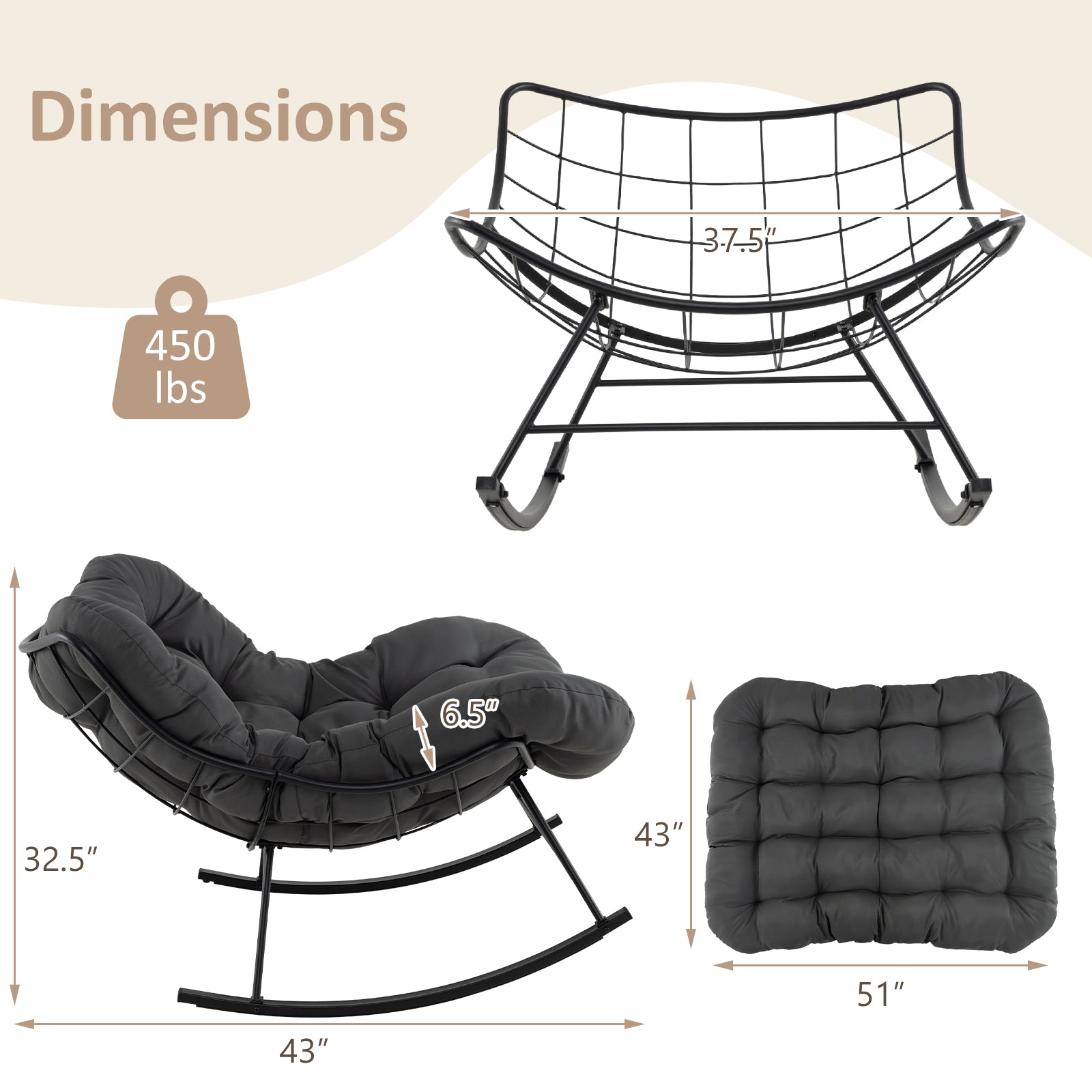 Oversized Egg Papasan Chair, Padded Cushion, Gray Patio Rocking Chairs & Gliders at Gallery Canada