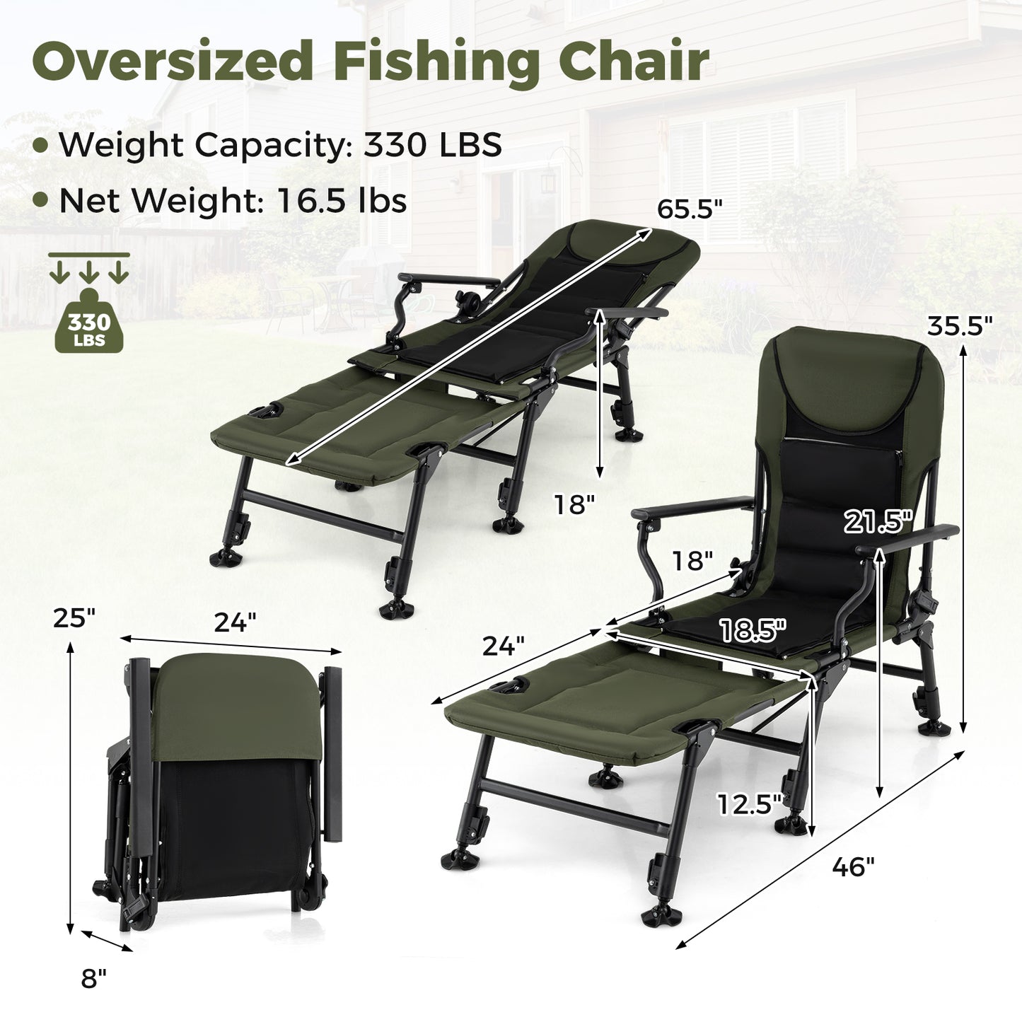 Oversized Foldable Fishing Chair with Detachable Footrest, Green