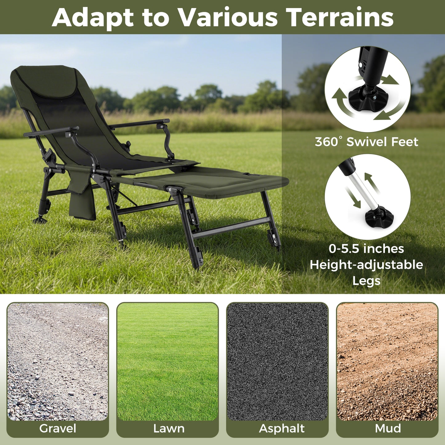 Oversized Foldable Fishing Chair with Detachable Footrest, Green