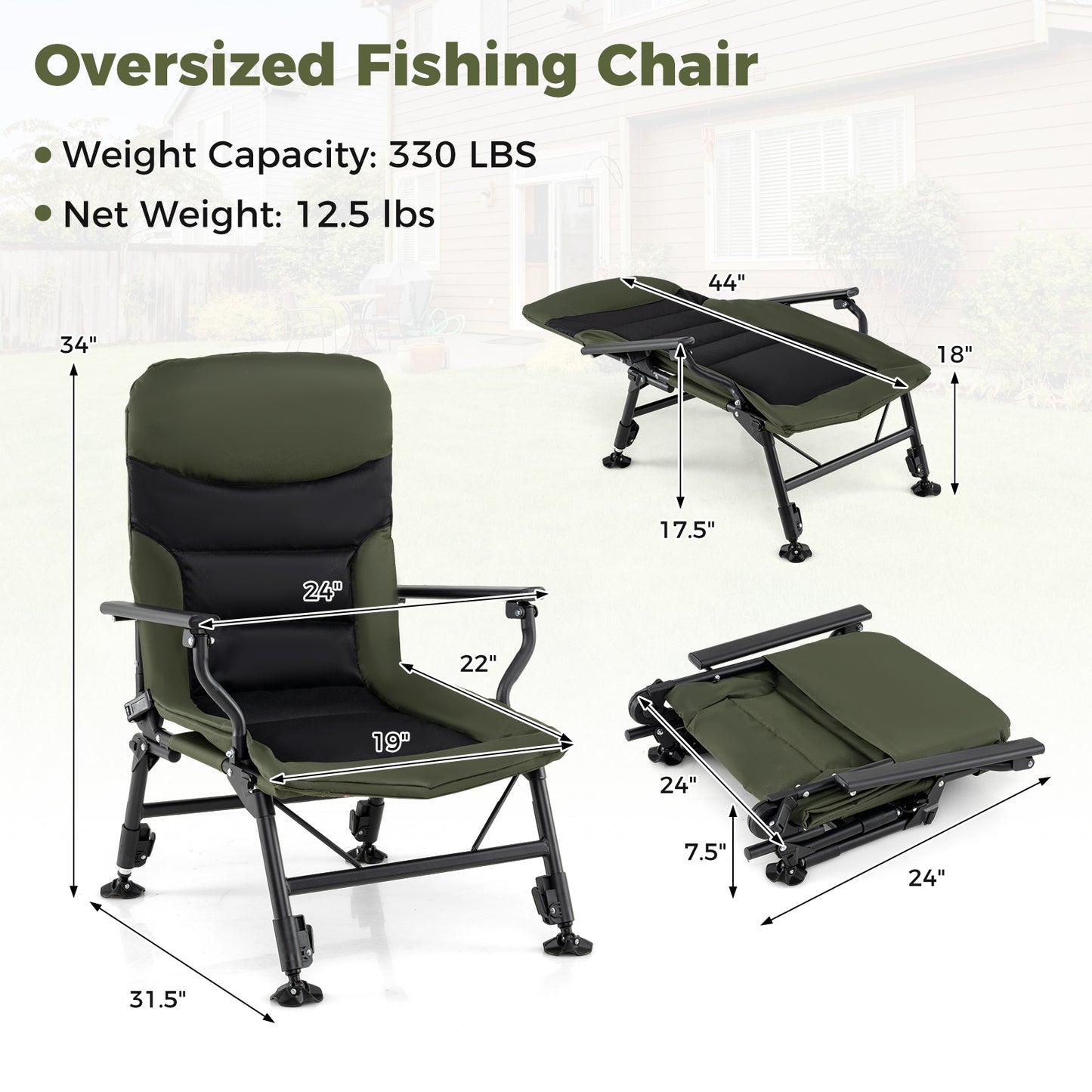 Oversized Foldable Fishing Chair for Adults with Armrest, Green