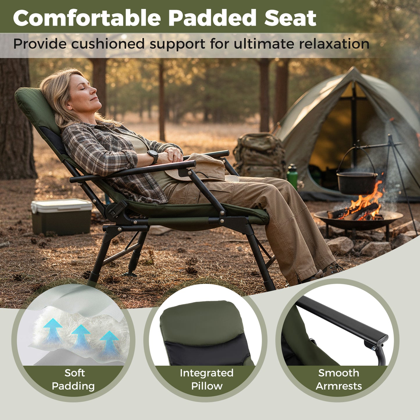 Oversized Foldable Fishing Chair for Adults with Armrest, Green