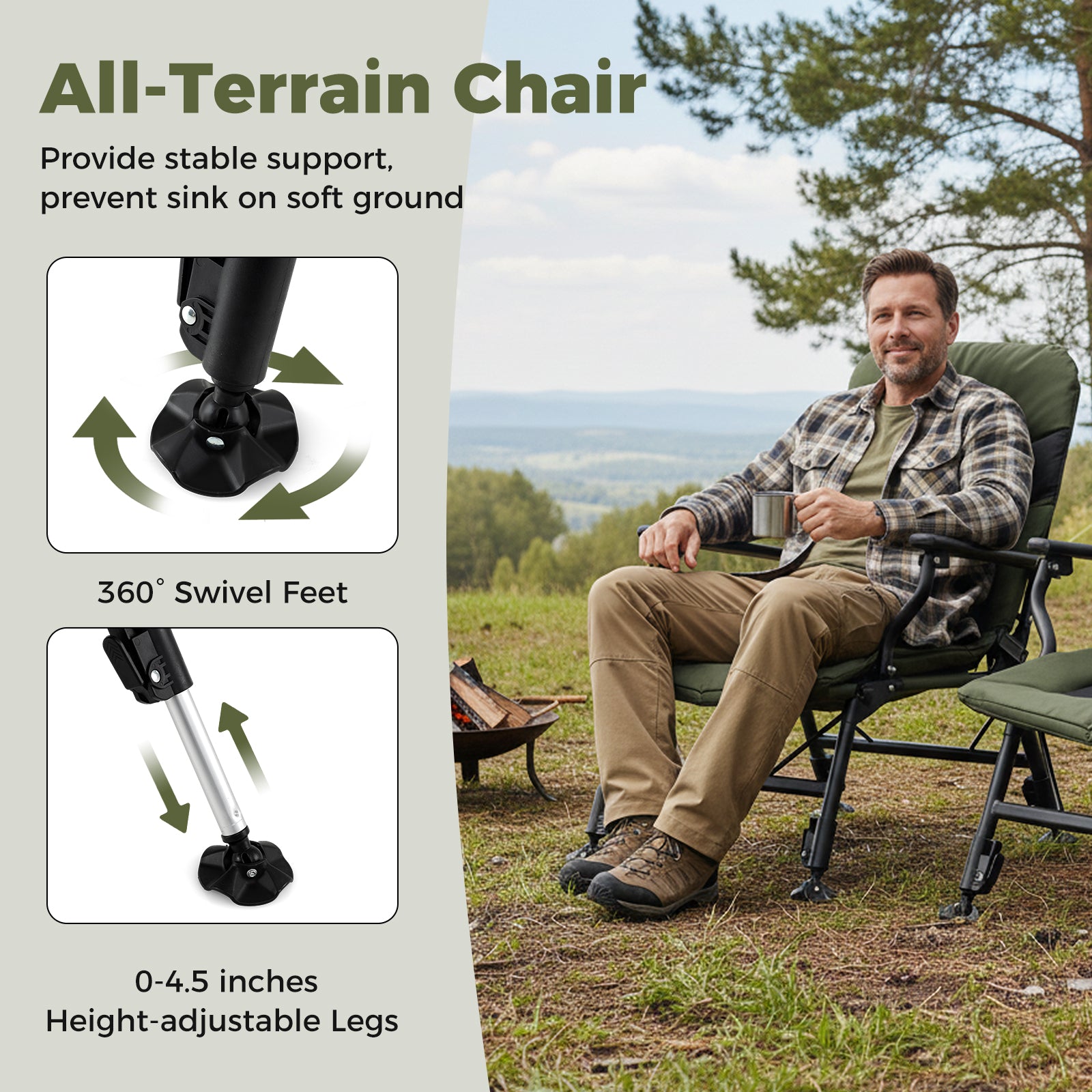 Oversized Foldable Fishing Chair for Adults with Armrest, Green Camping Furniture at Gallery Canada