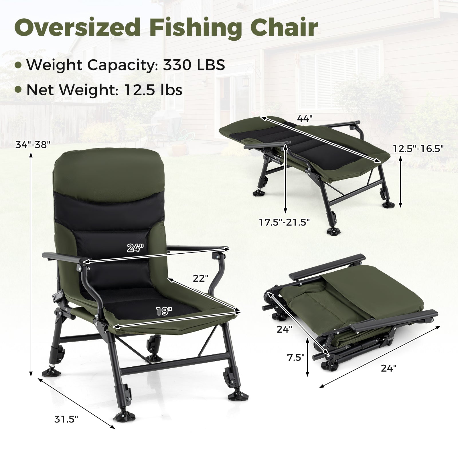 Oversized Foldable Fishing Chair for Adults with Armrest, Green Camping Furniture at Gallery Canada