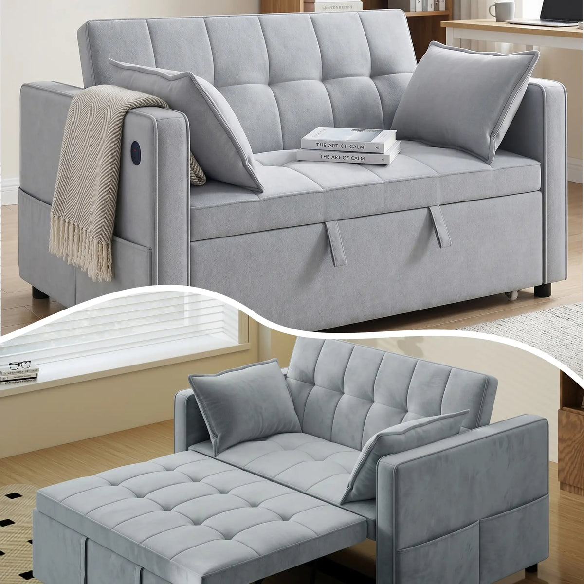 3-In-1 Convertible Sofa Bed, Pull Out Sleeper, Adjustable Backrest, Light Grey 2-Seater Sofas at Gallery Canada