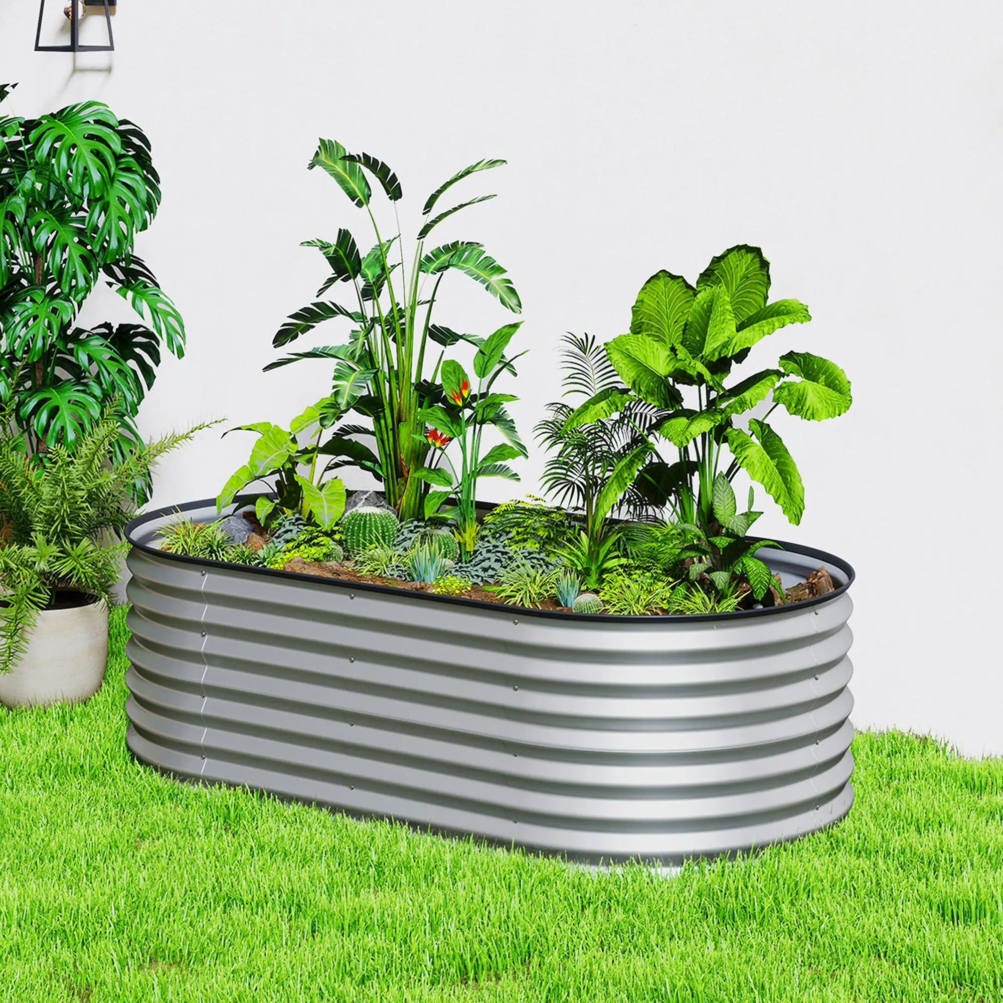 Galvanized Raised Garden Bed, 5 x 2.5 x 2 ft, Oval Planter Box, Silver Galvanized Planter Boxes at Gallery Canada