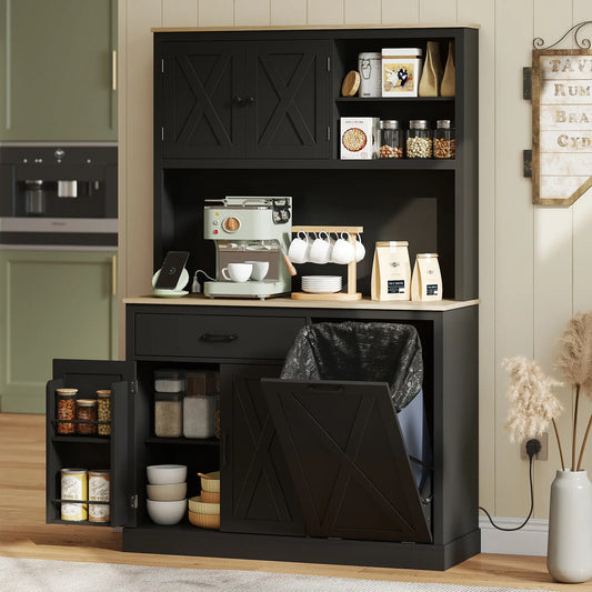 69 Inch Pantry Cabinet with Charging Station, Microwave Stand, Tilt-Out Trash Can, Black Kitchen Pantry Cabinets Black, Oak at Gallery Canada