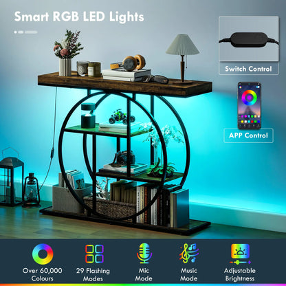 4-Tier Console Table With Charging Station, LED Lights, 39", Rustic Brown