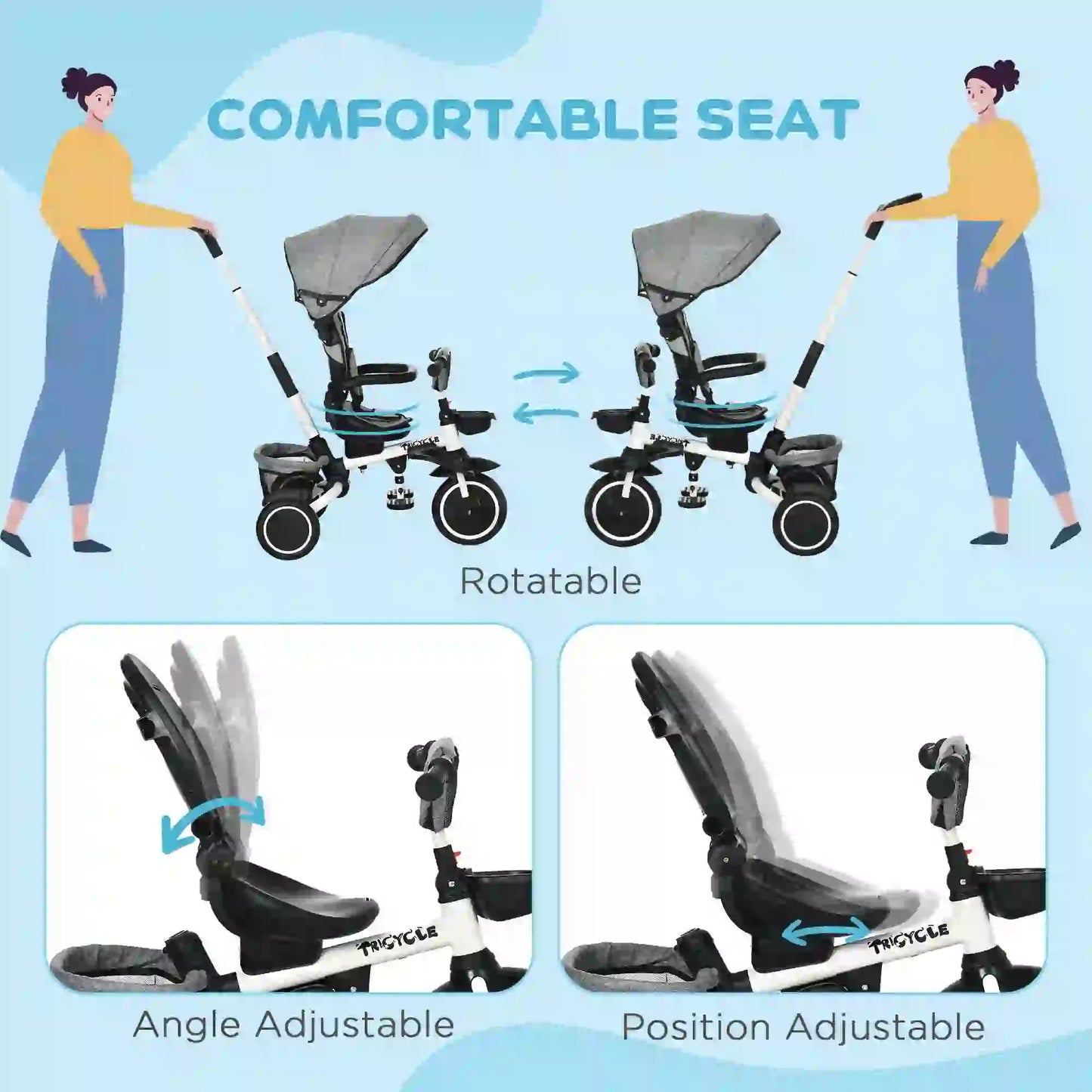 6-in-1 Toddler Tricycle, Adjustable Seat, Push Handle, Grey Tricycles for Kids at Gallery Canada