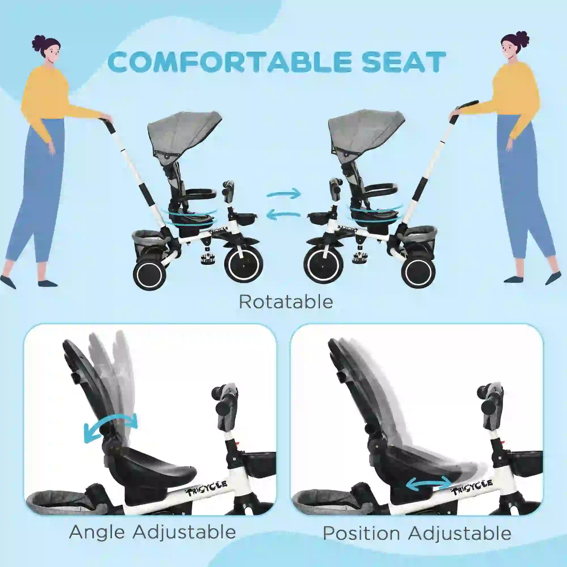 6-in-1 Toddler Tricycle, Adjustable Seat, Push Handle, Grey Tricycles for Kids at Gallery Canada